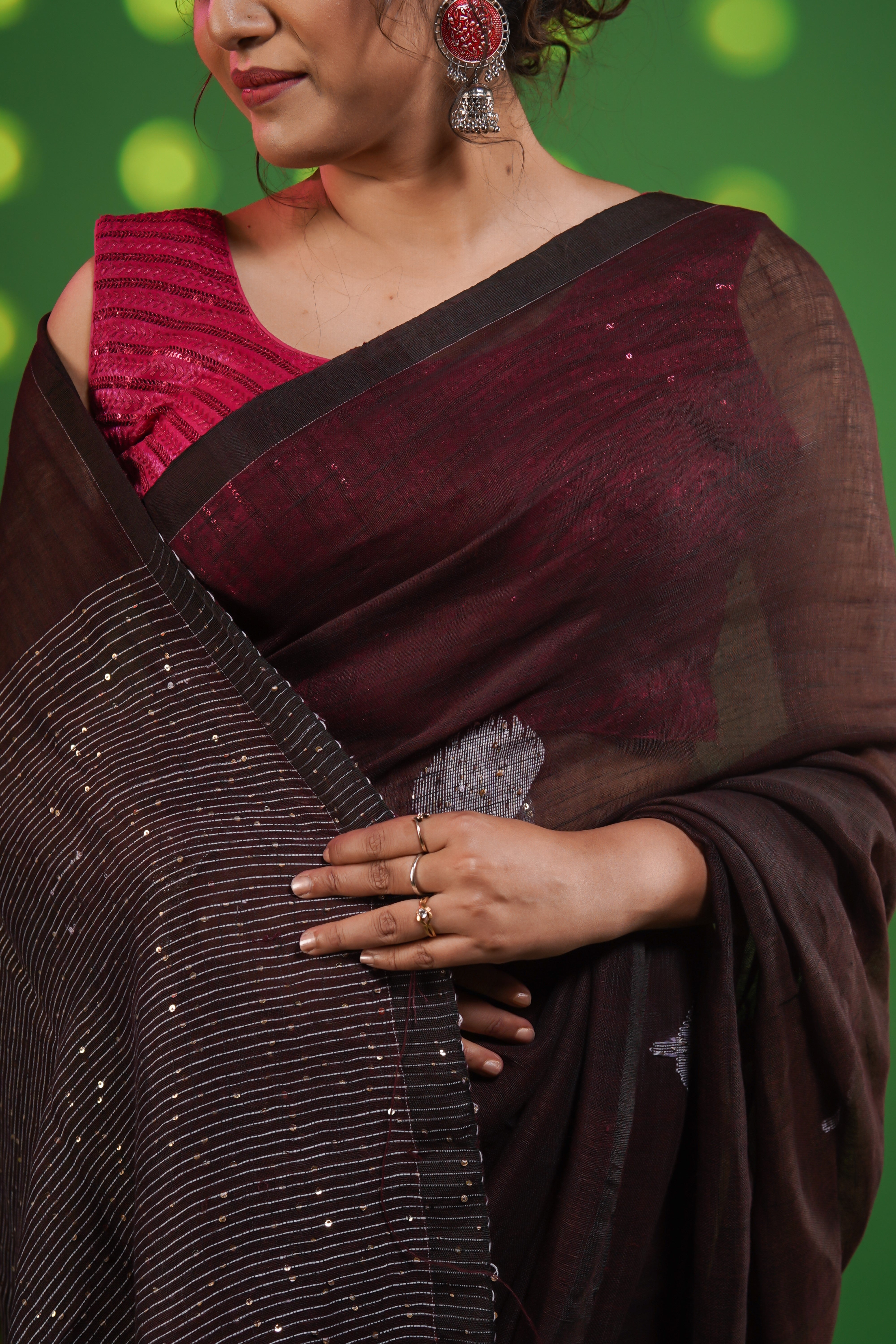 Brown Rose Handwoven Linen Saree with Sequence Work