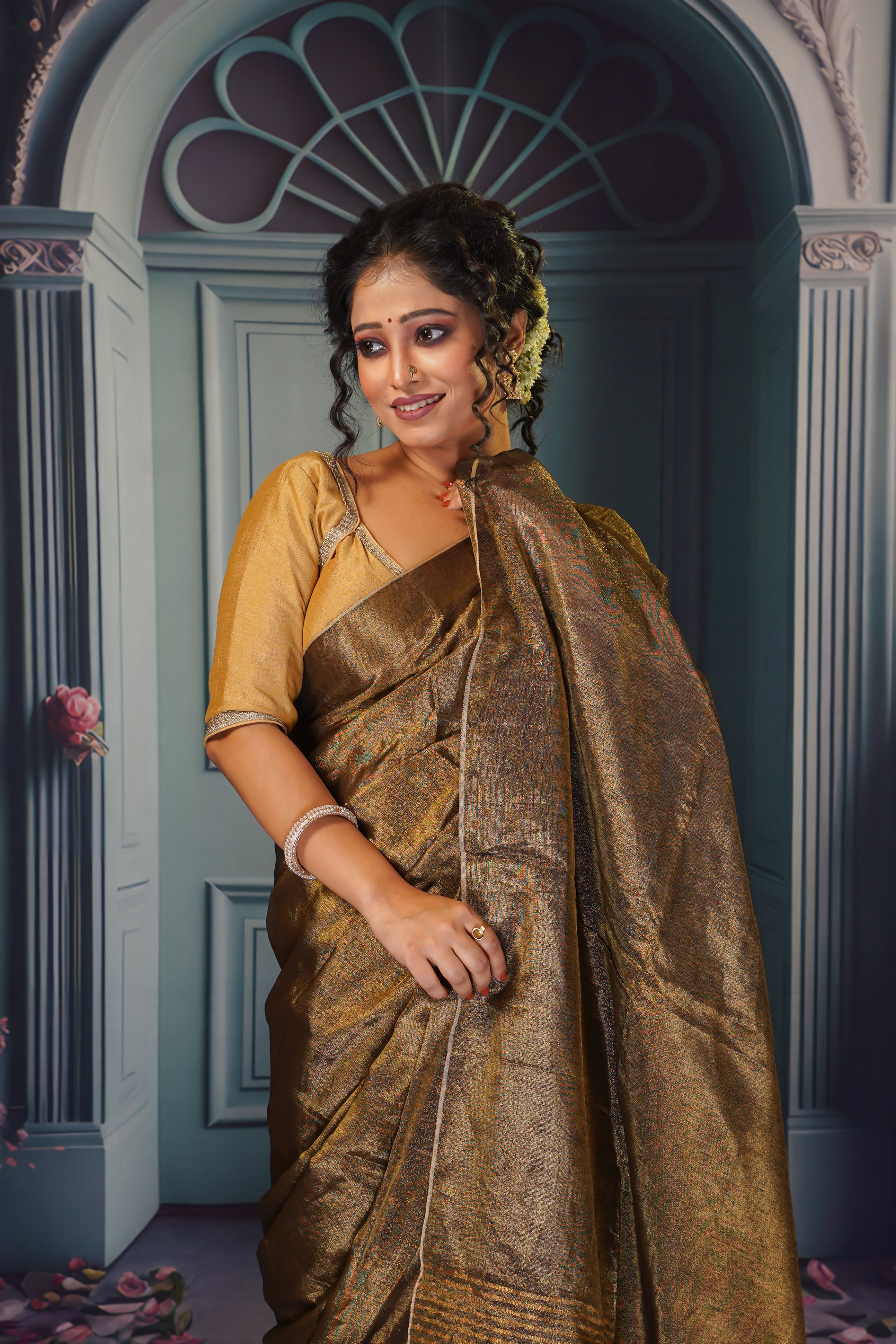 CHADNI Gold Dual tone tissue saree