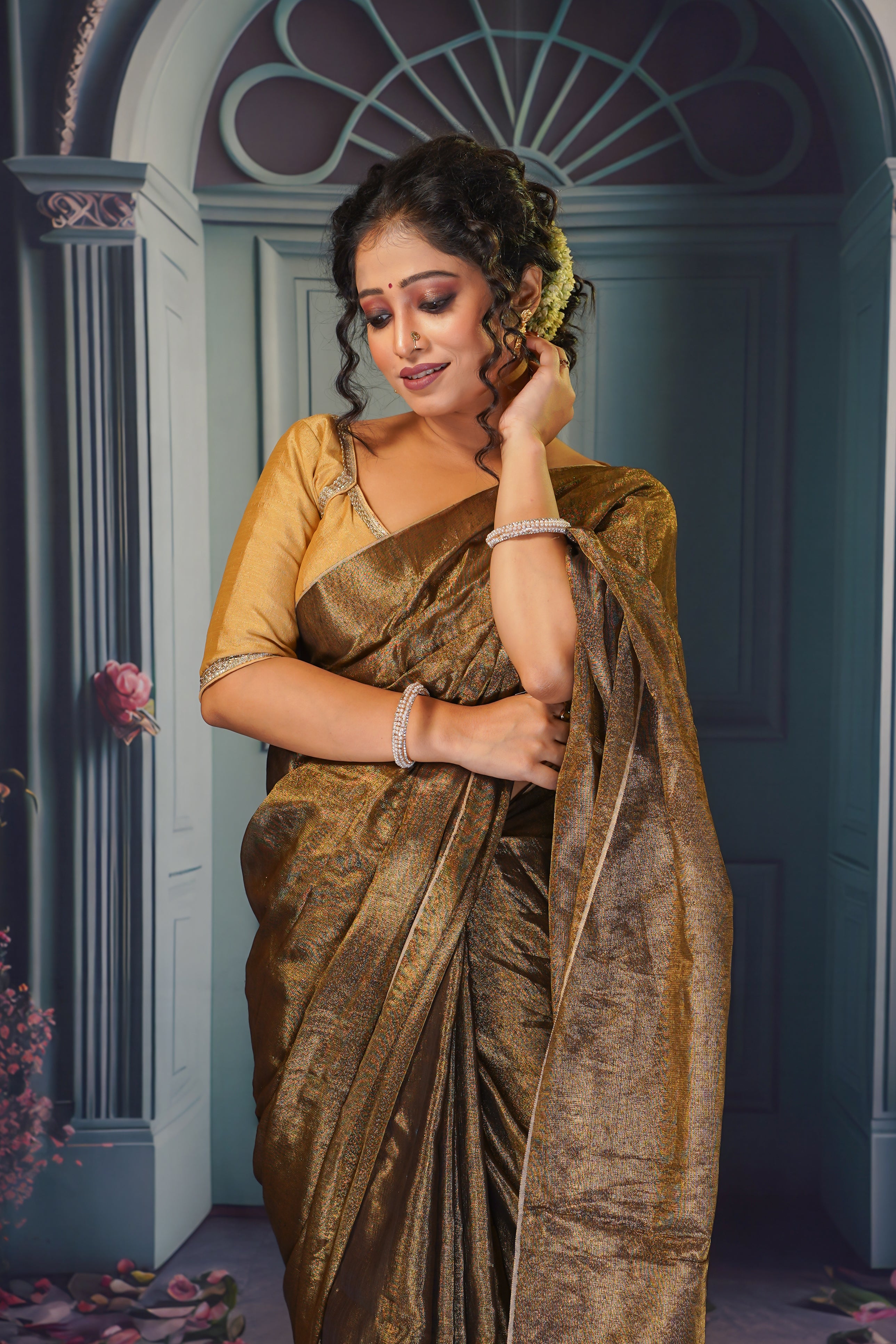 CHADNI Gold Dual tone tissue saree