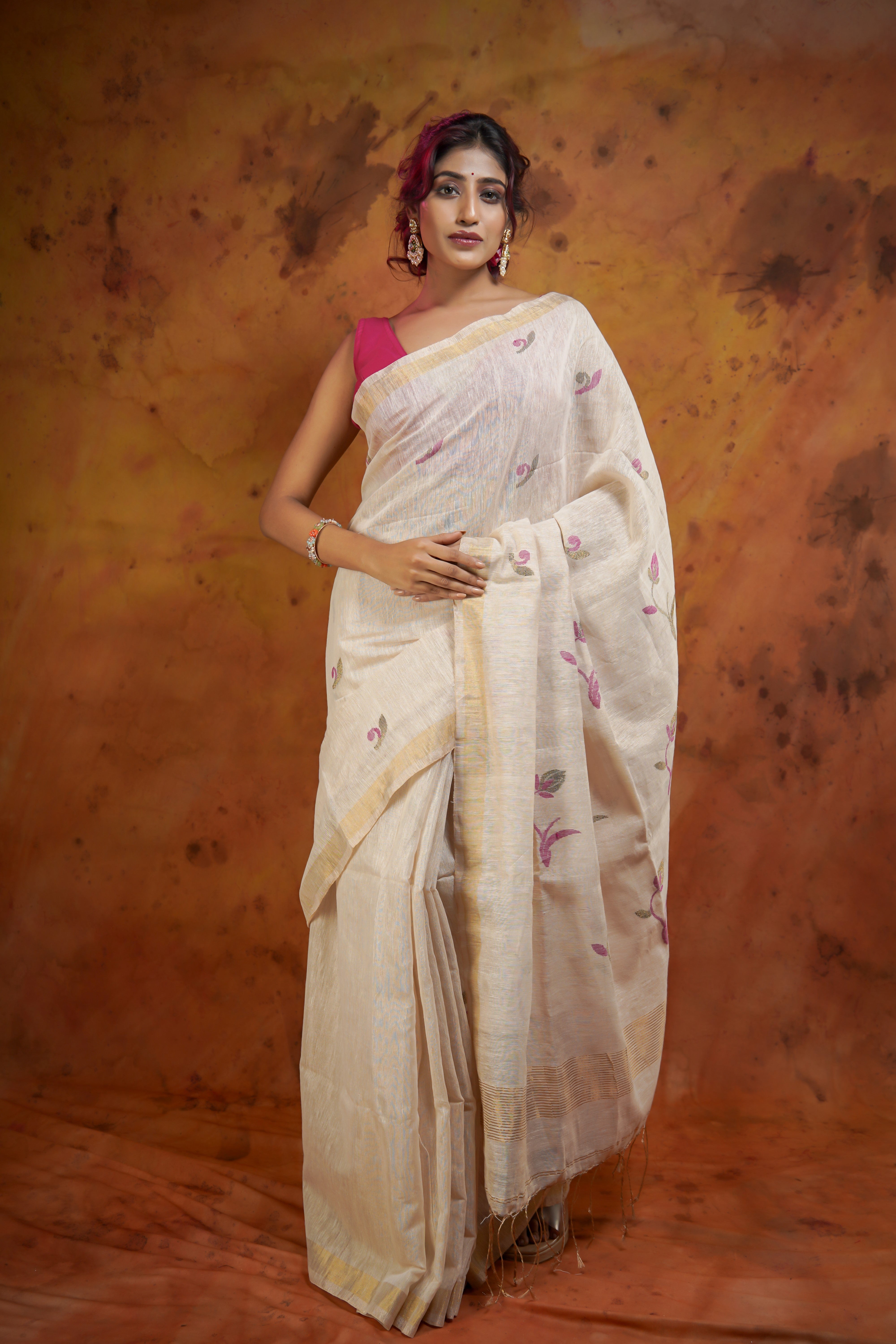 Cream Pure Tissue Linen Handwoven Tulip Saree