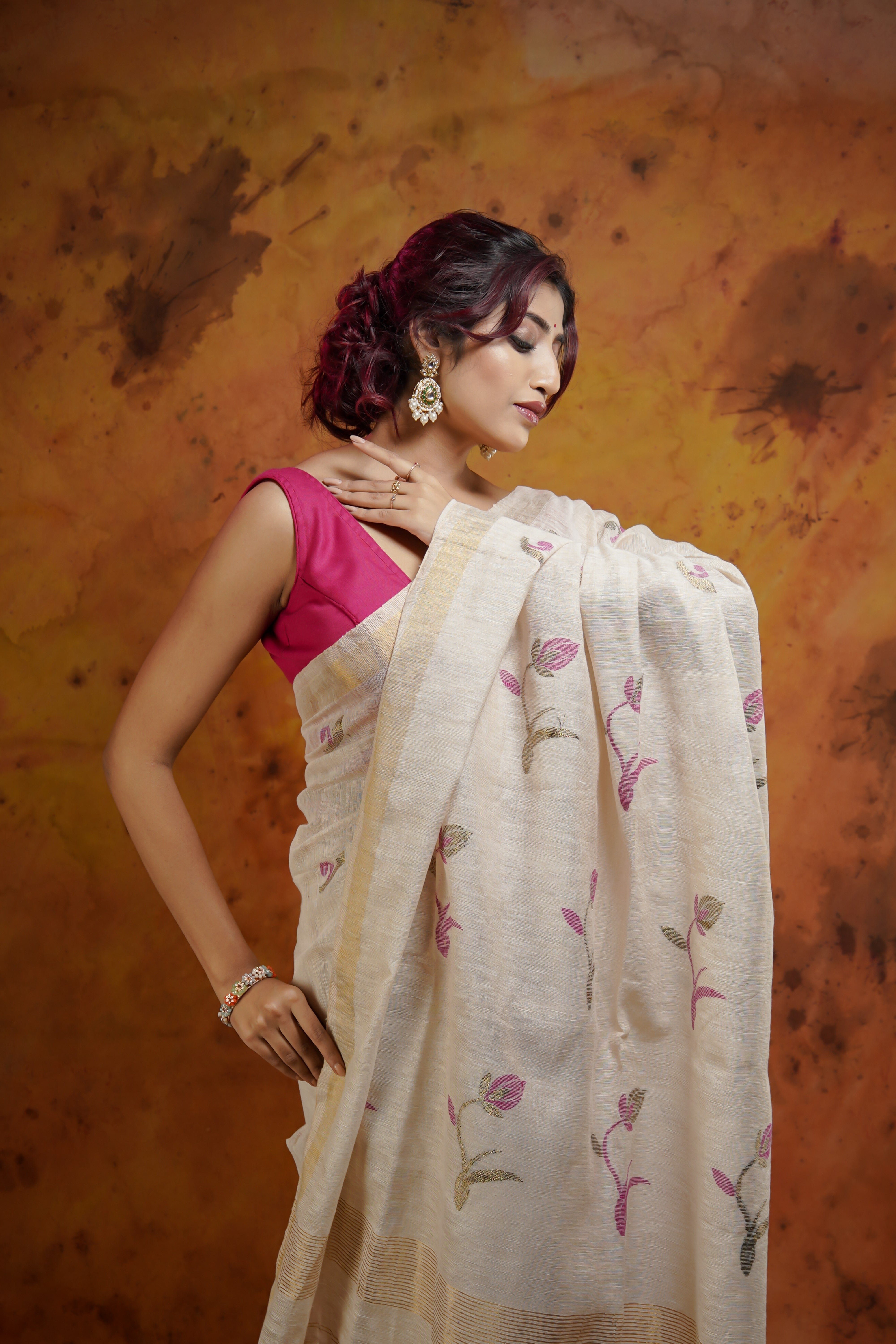 Cream Pure Tissue Linen Handwoven Tulip Saree