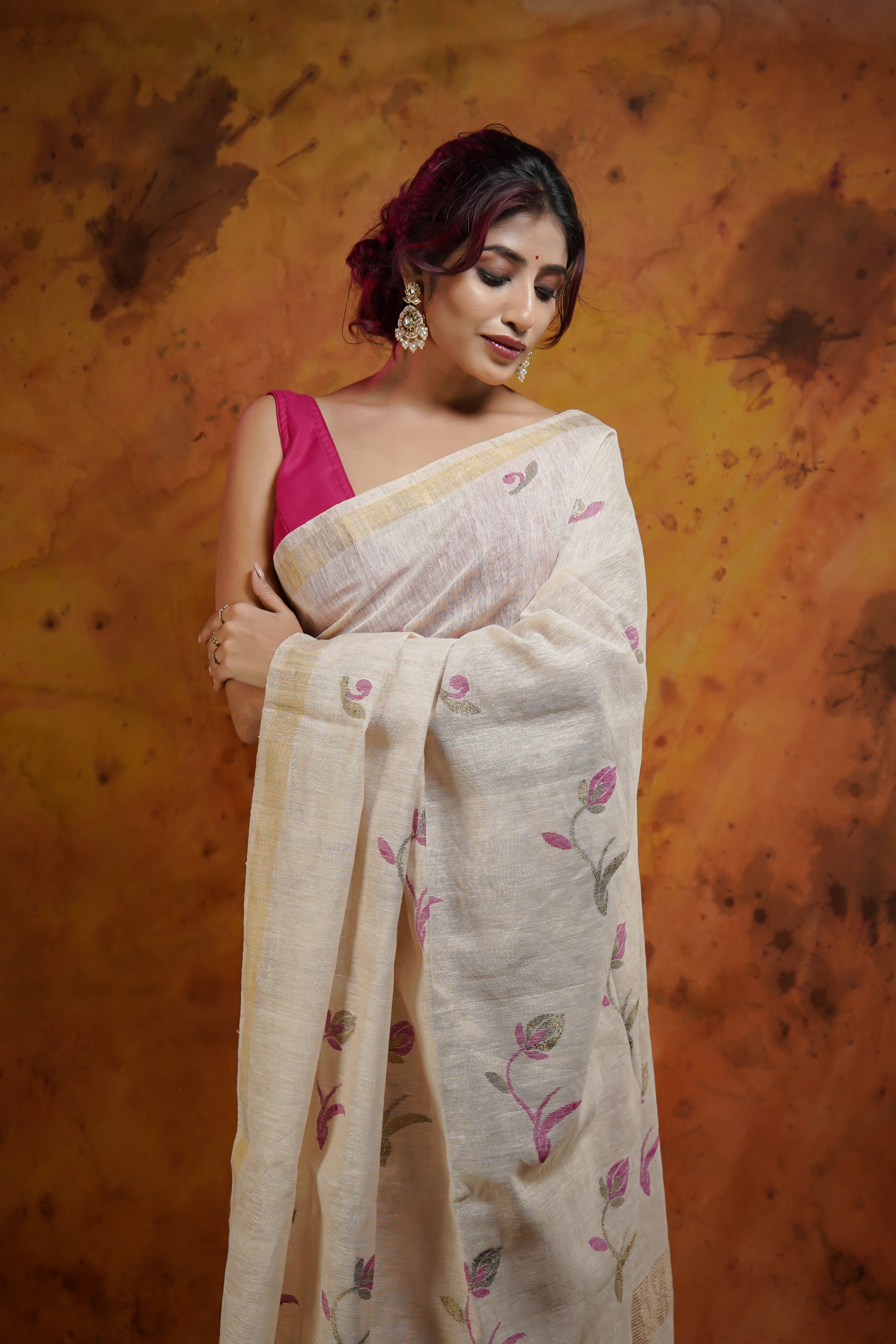 Cream Pure Tissue Linen Handwoven Tulip Saree