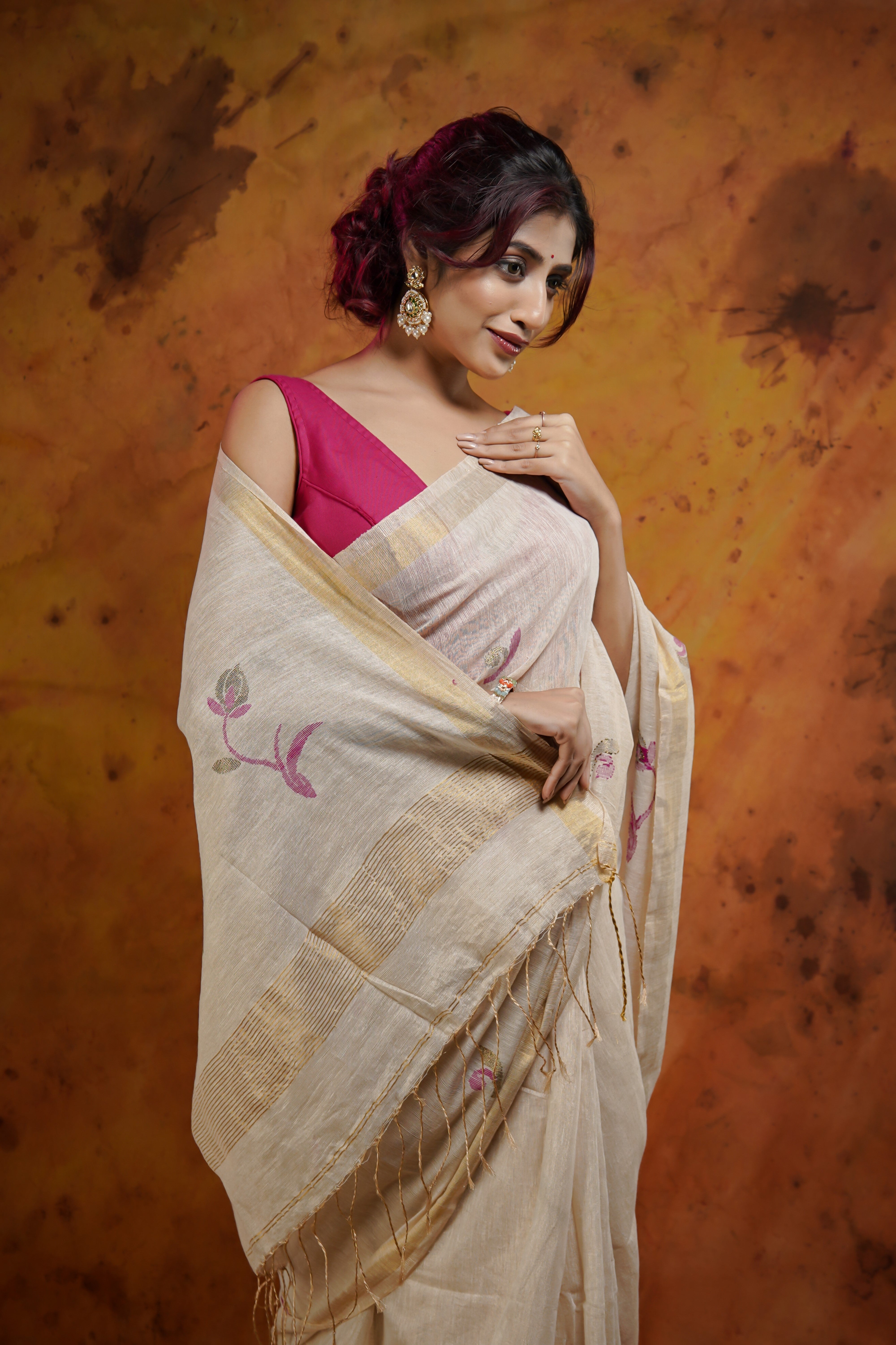 Cream Pure Tissue Linen Handwoven Tulip Saree