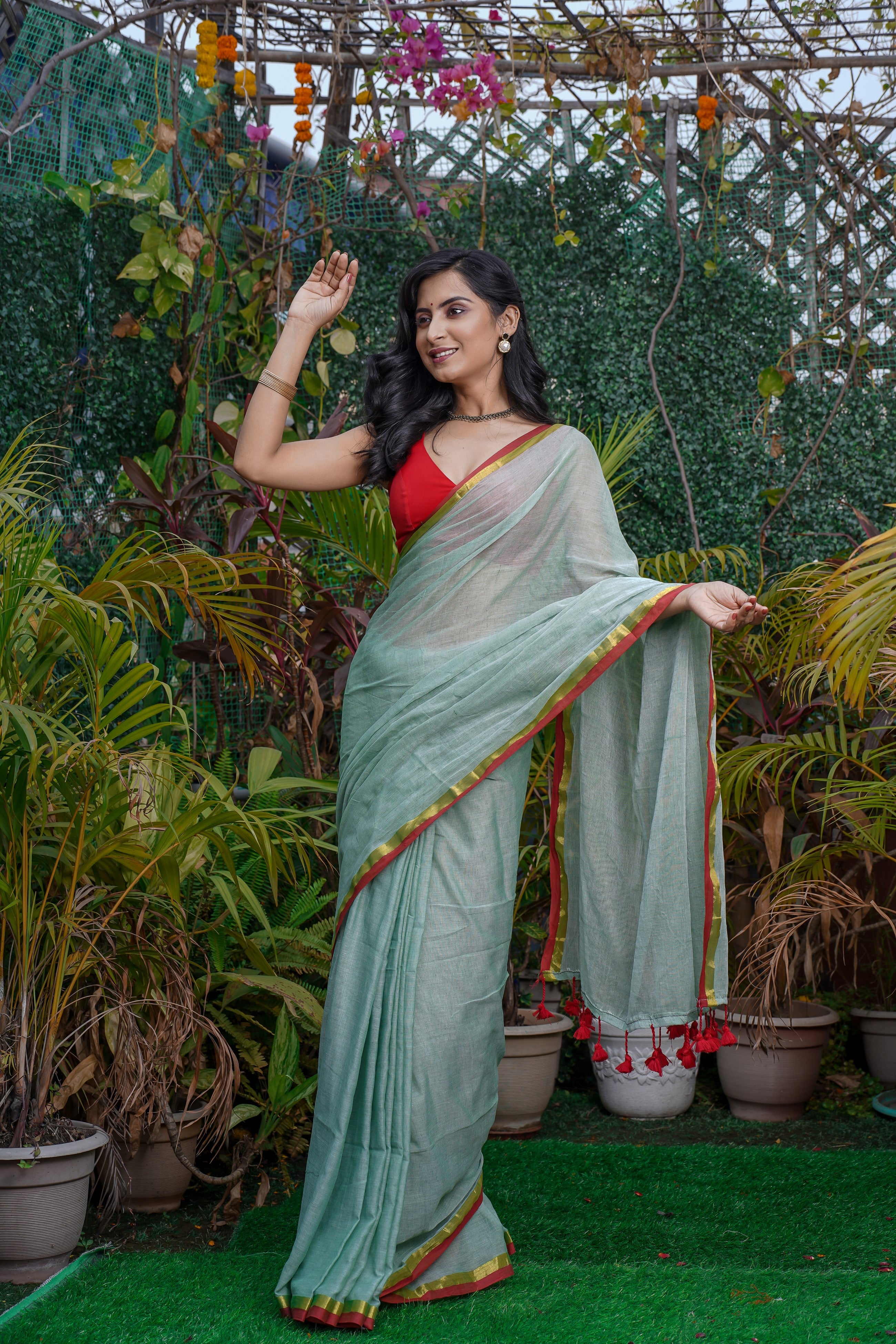 Candet Blue Mul Cotton Saree with Red Golden Border