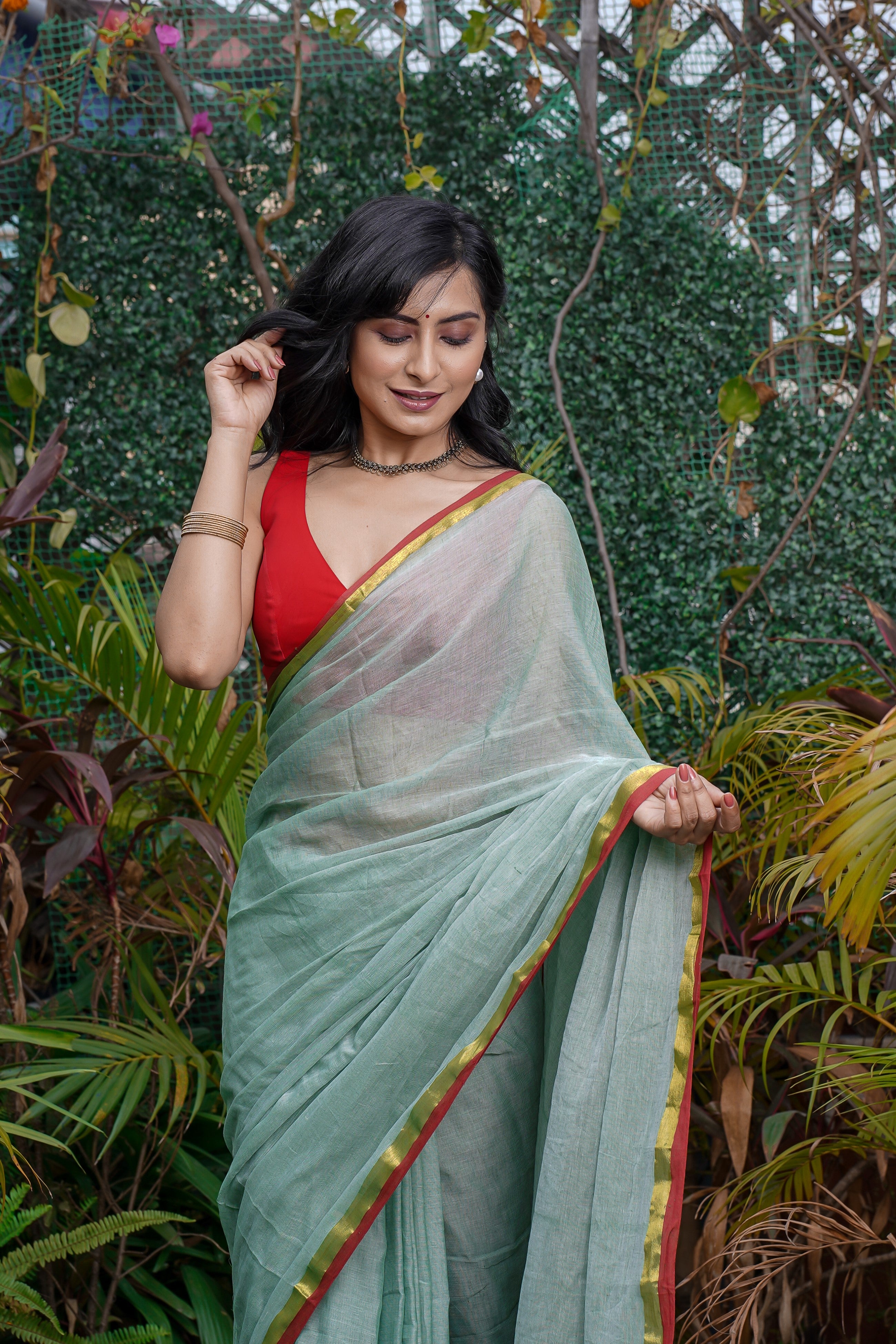 Candet Blue Mul Cotton Saree with Red Golden Border