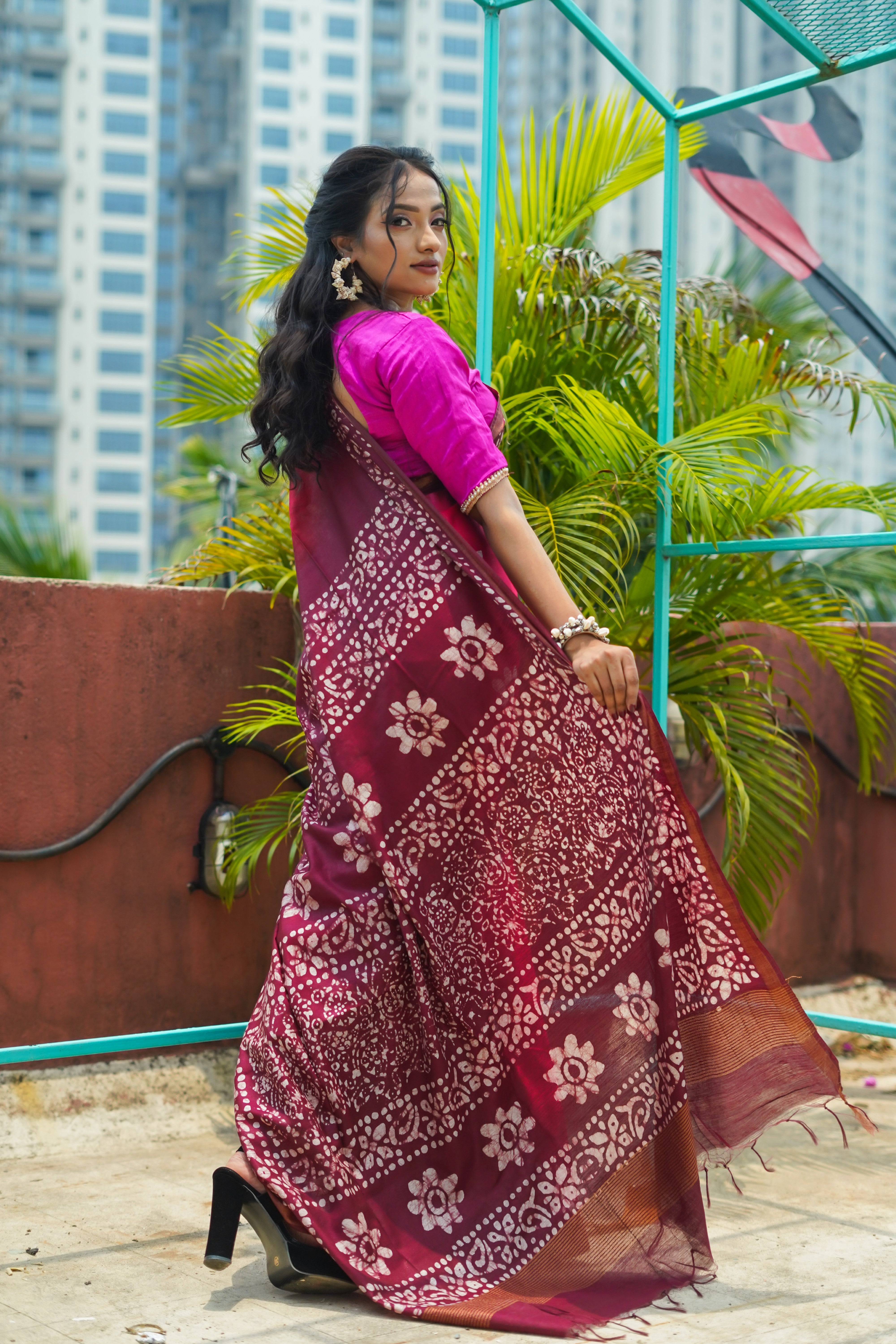 Carmine Hand Block Pure Chanderi Silk Sareee