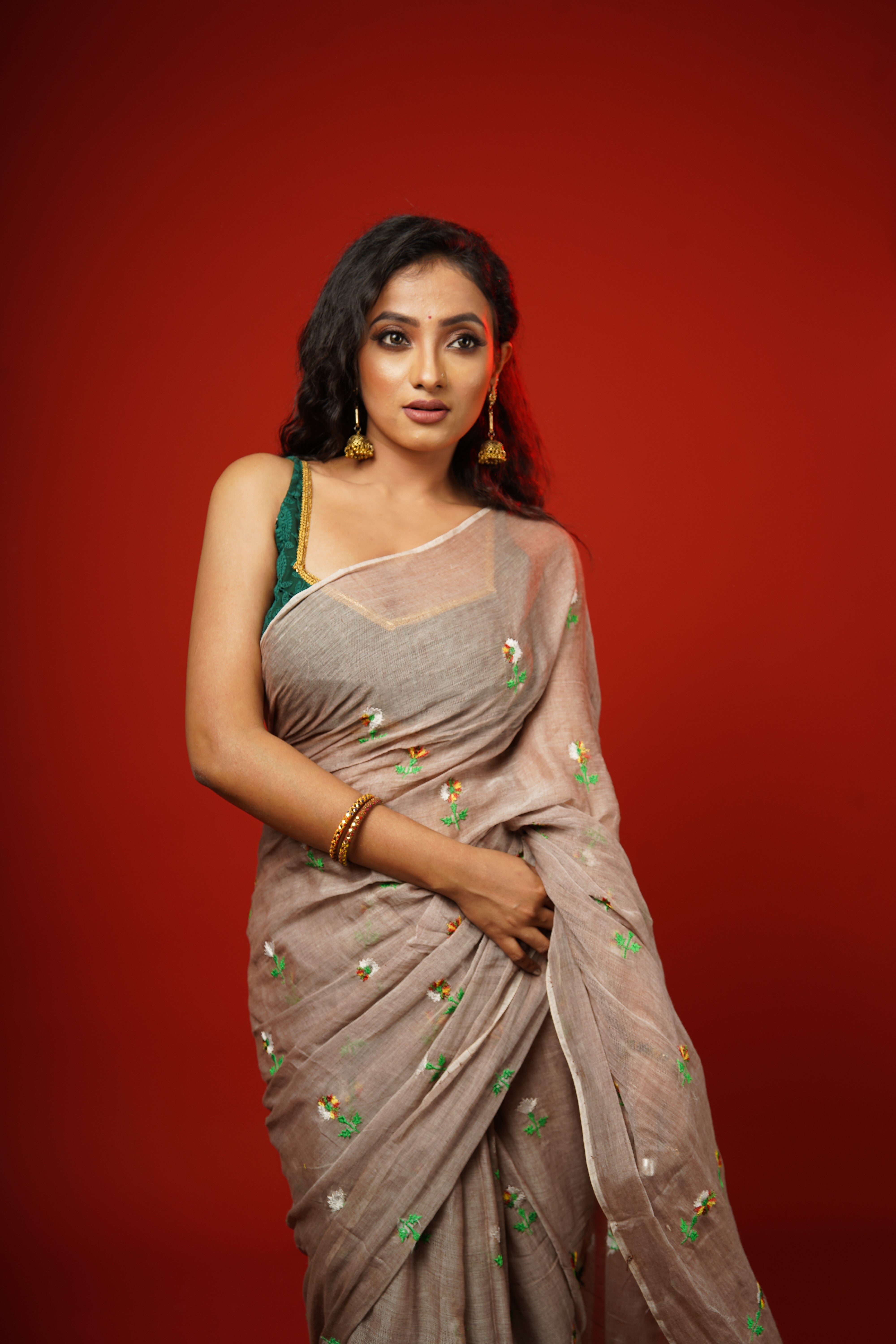 Champagne Embroidered Pure Mul Cotton Saree