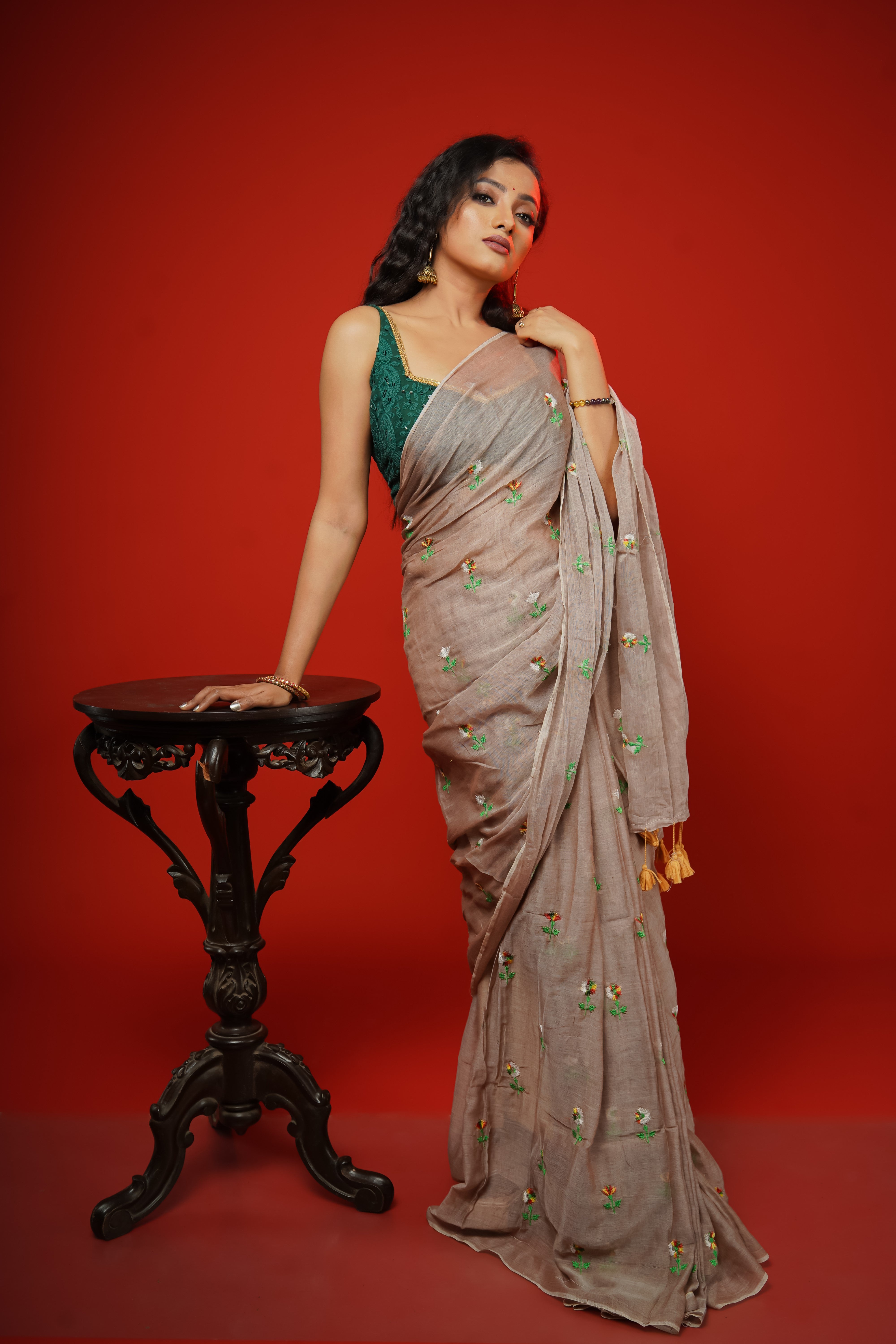 Champagne Embroidered Pure Mul Cotton Saree