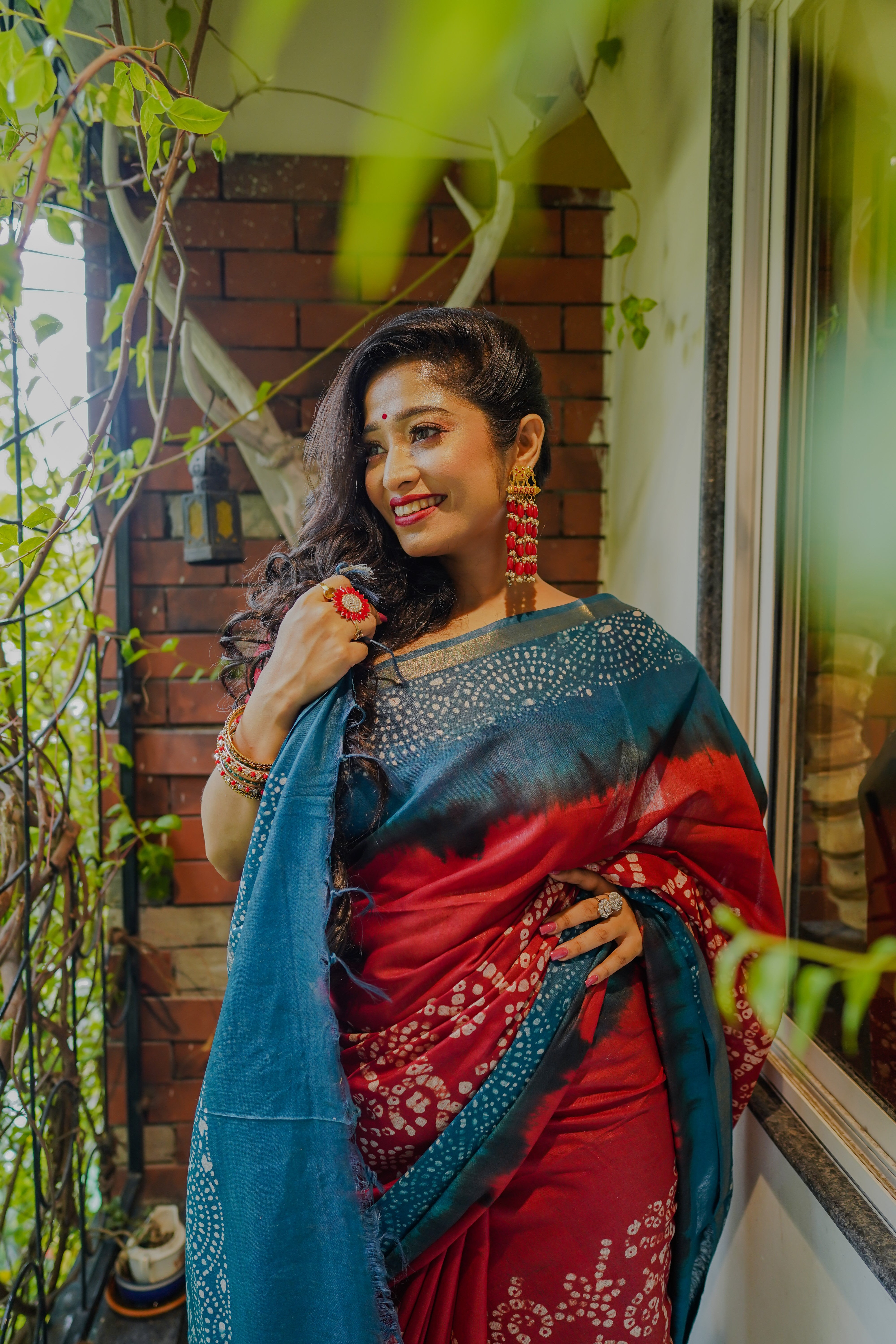 Red Cherry Bandhani Hand Block Pure Chanderi Silk Saree