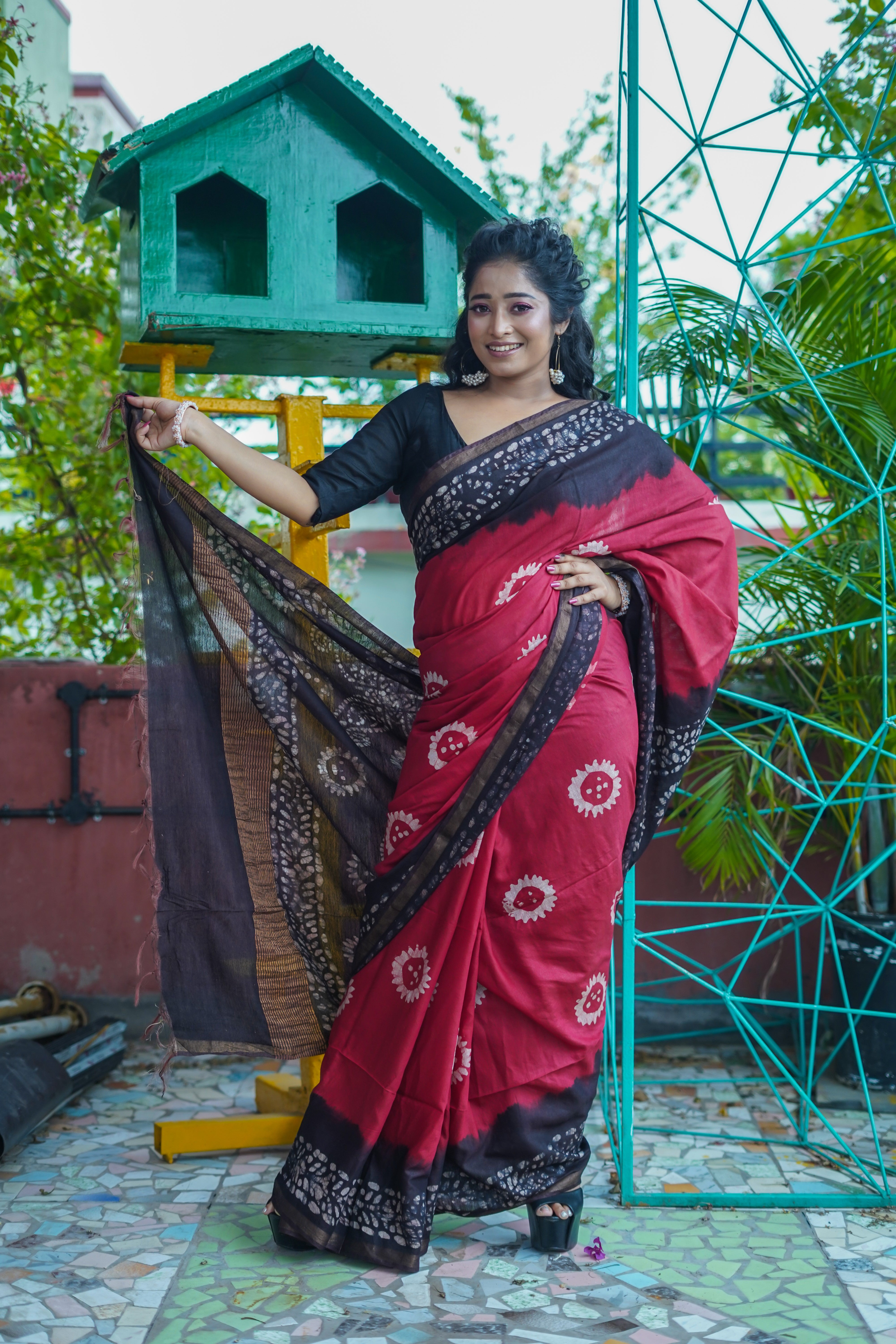 Cherry Batik Hand Block Pure Chanderi Silk Saree