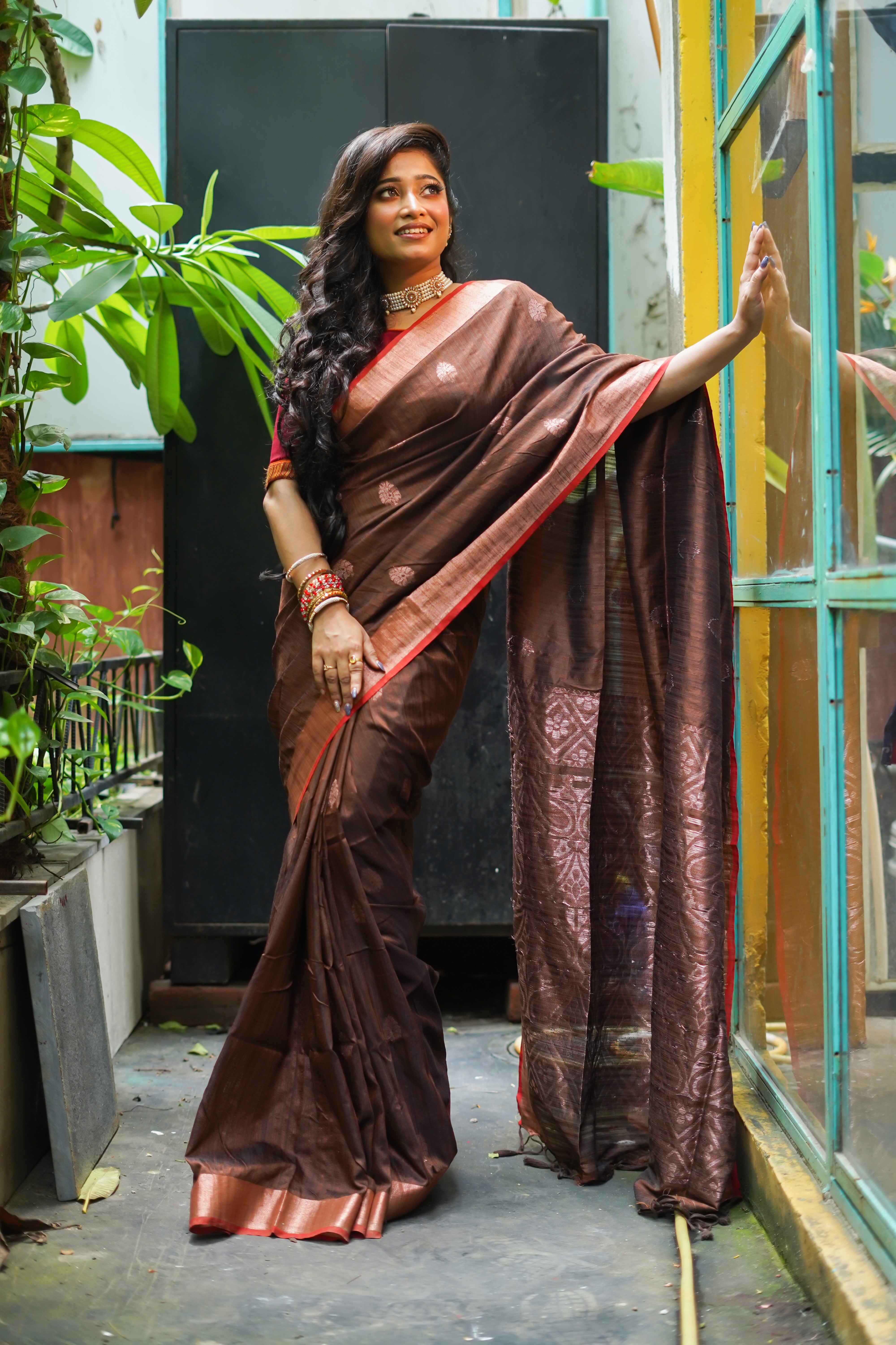 Chocolate Ghicha Weaving Saree