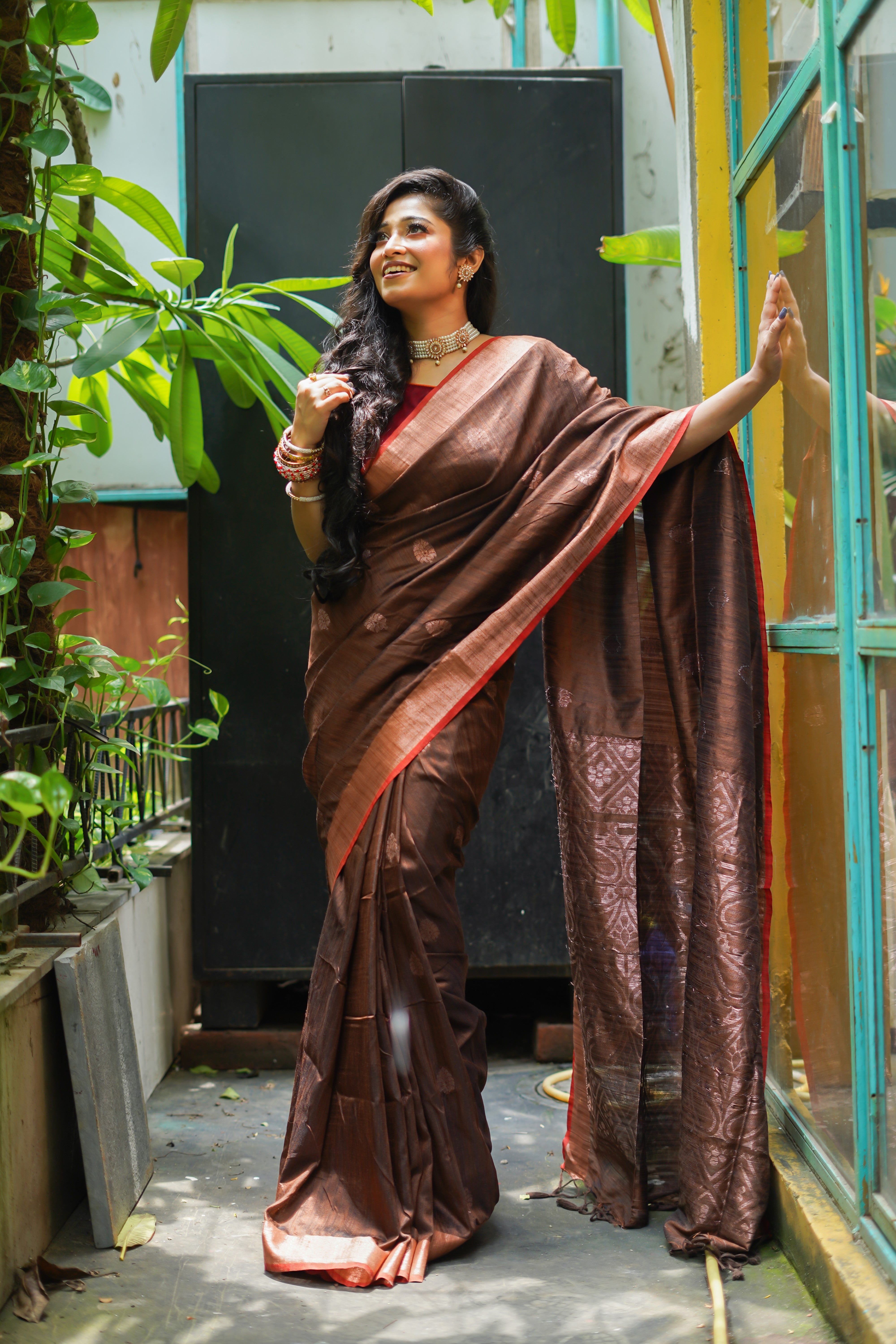 Chocolate Ghicha Weaving Saree