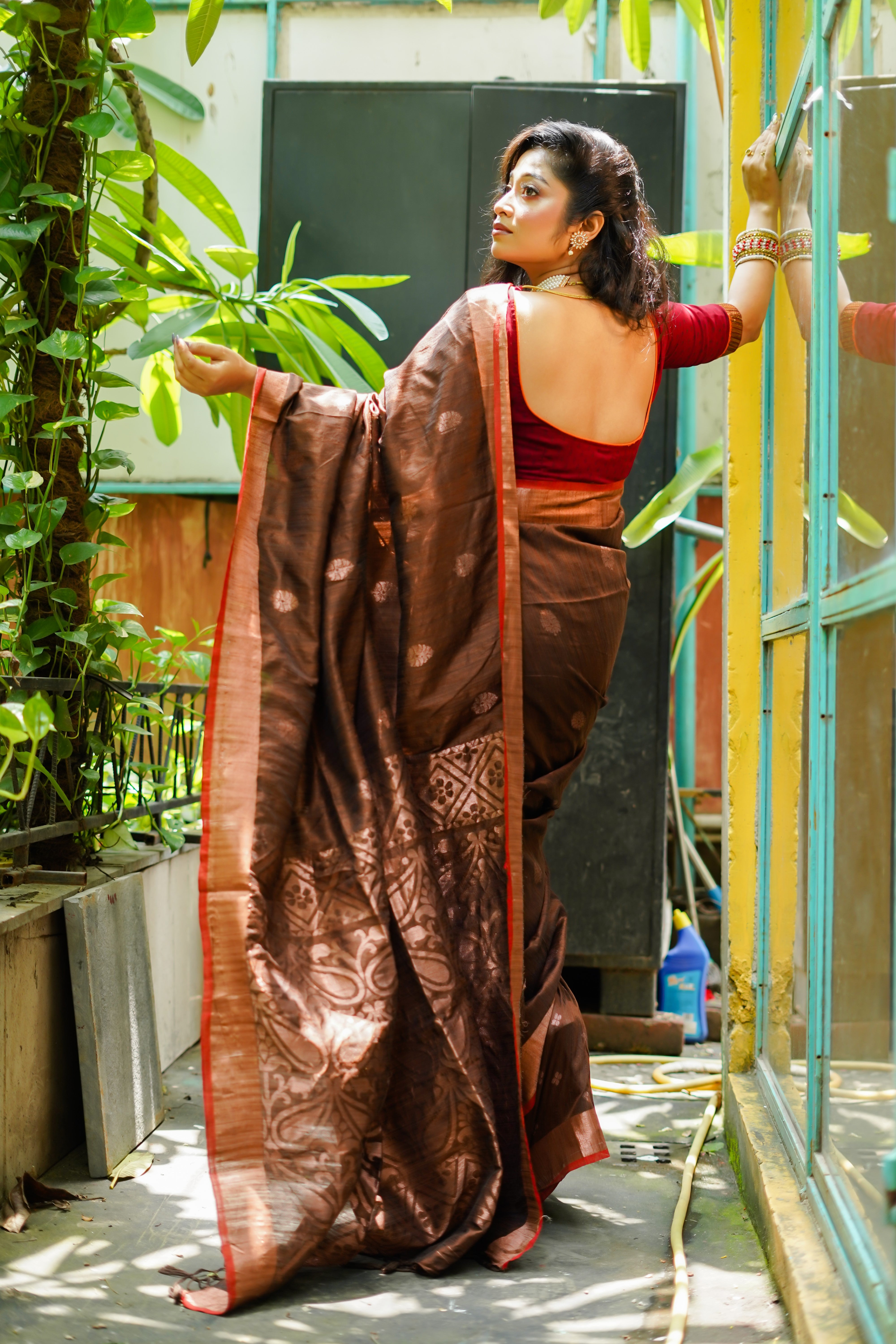 Chocolate Ghicha Weaving Saree