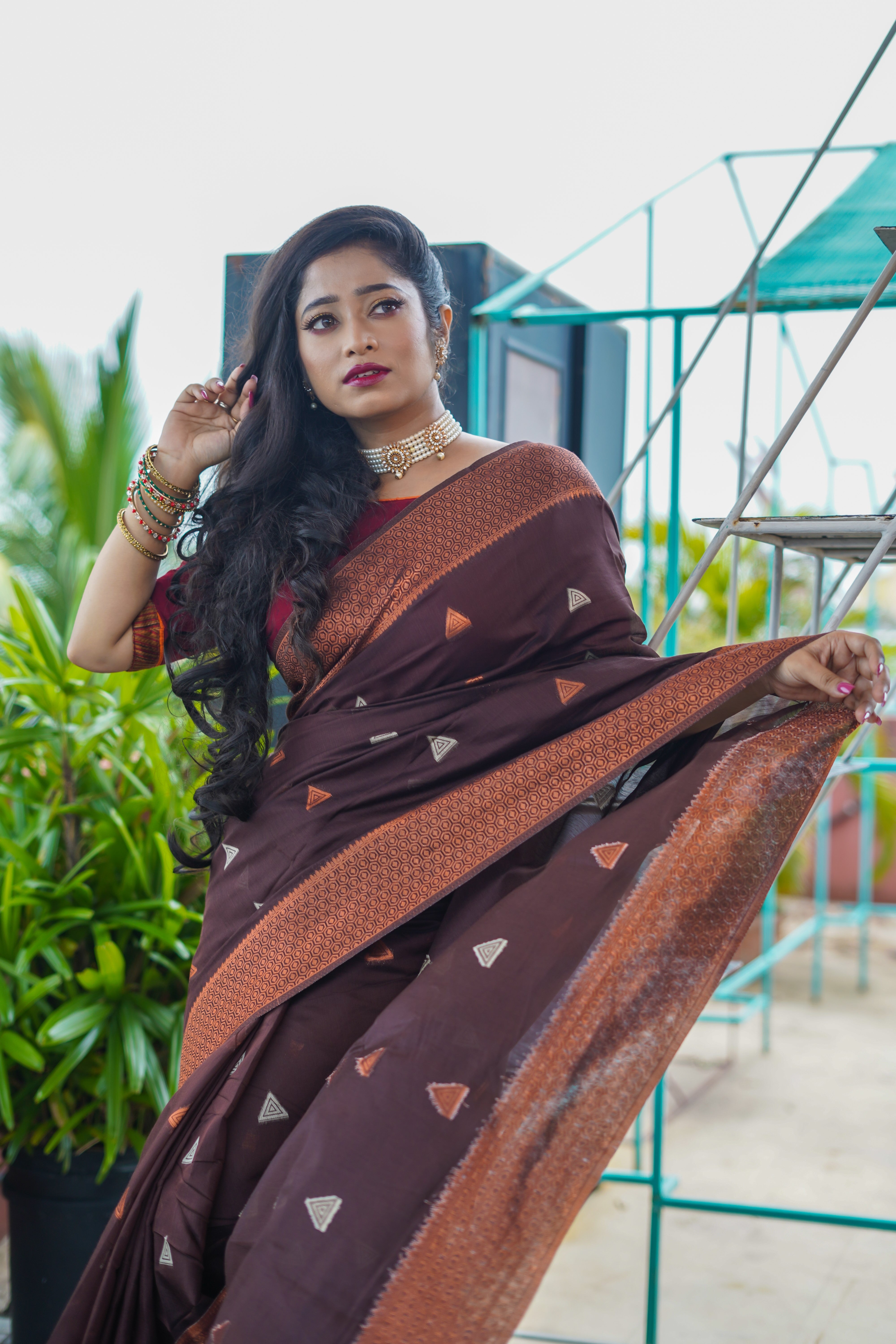 Chocolate Maheswari Silk Weaving Saree