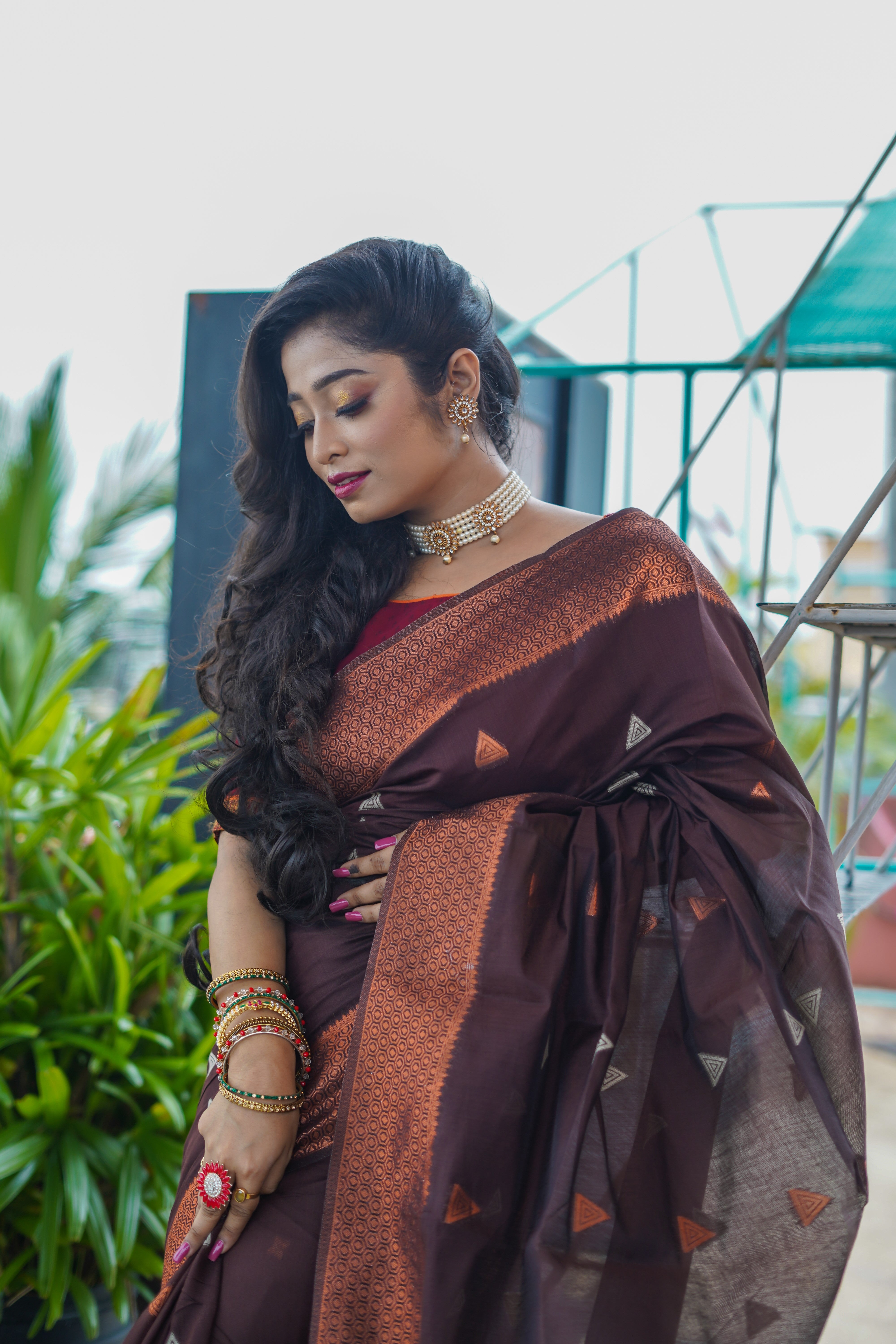 Chocolate Maheswari Silk Weaving Saree