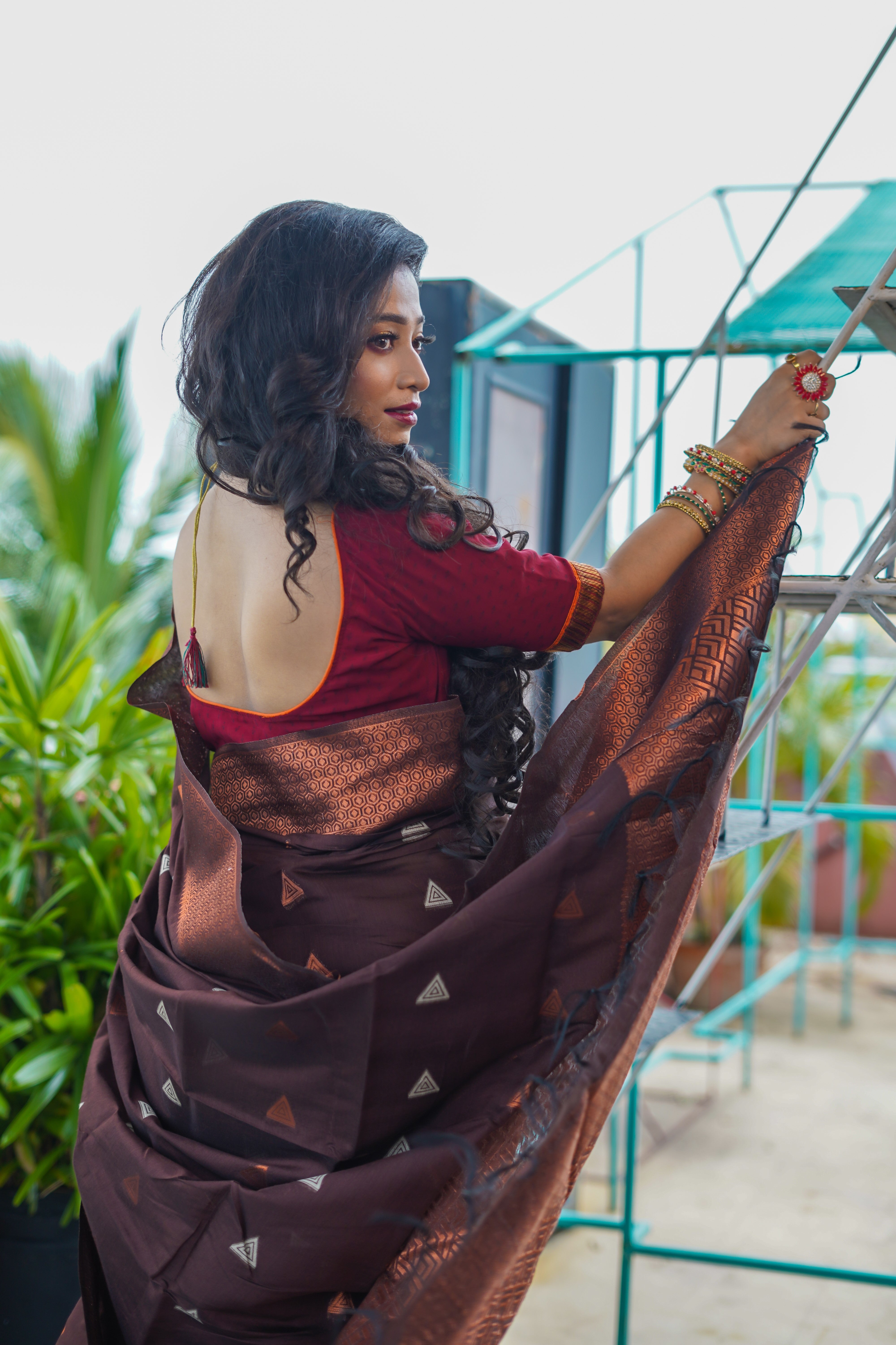 Chocolate Maheswari Silk Weaving Saree