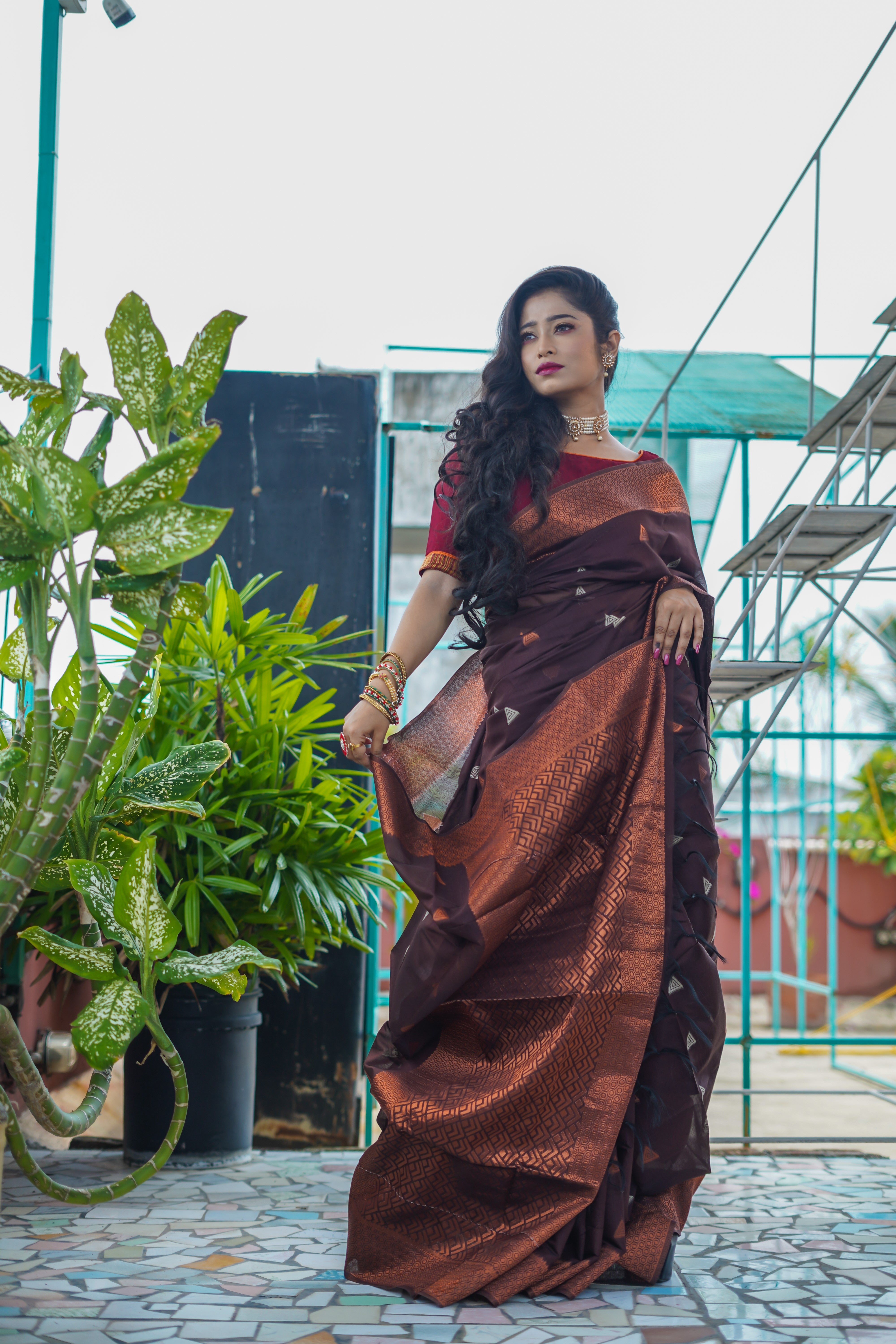 Chocolate Maheswari Silk Weaving Saree