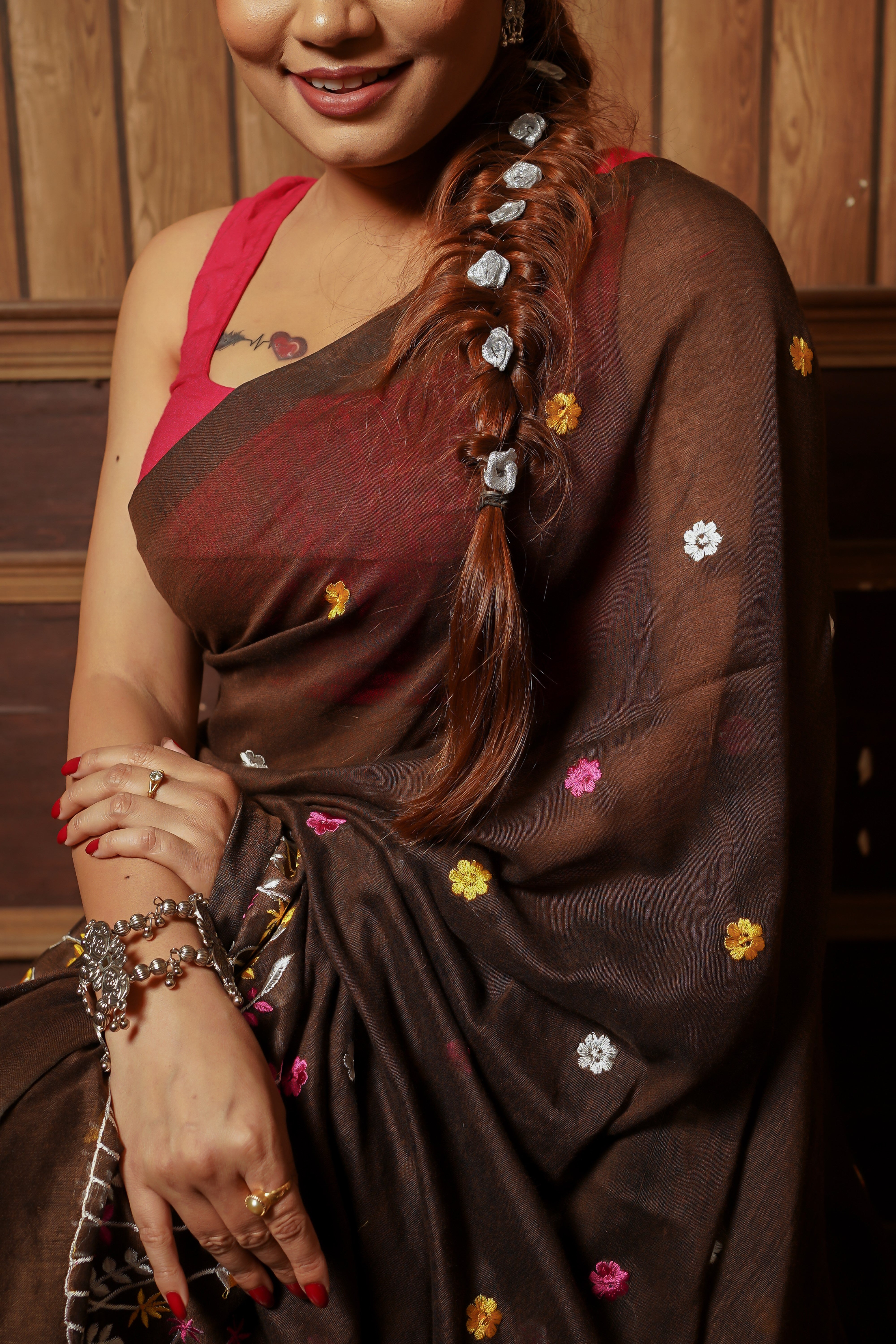 Chocolate pure khadi cotton embroidered saree