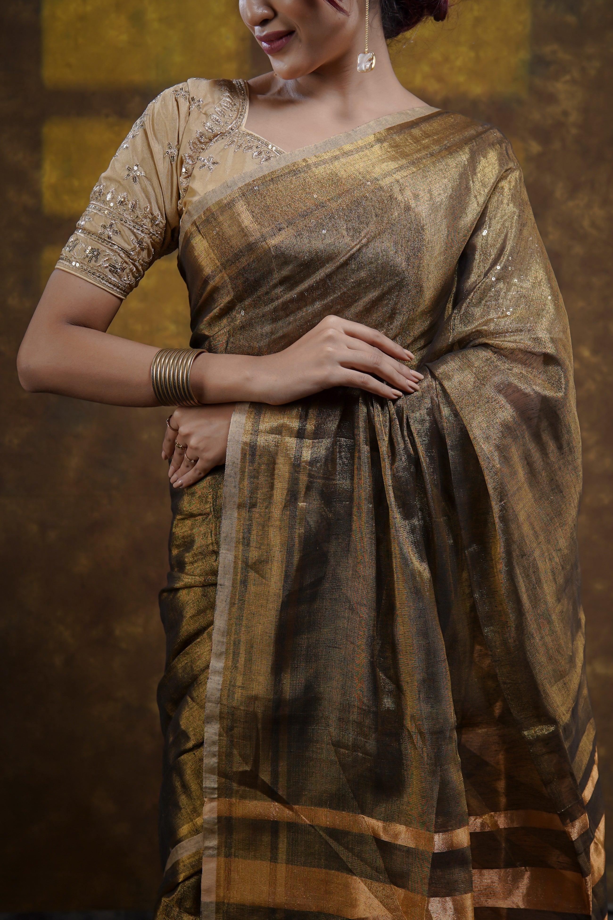 Copper Dual Tone Pure Tissue Linen Saree