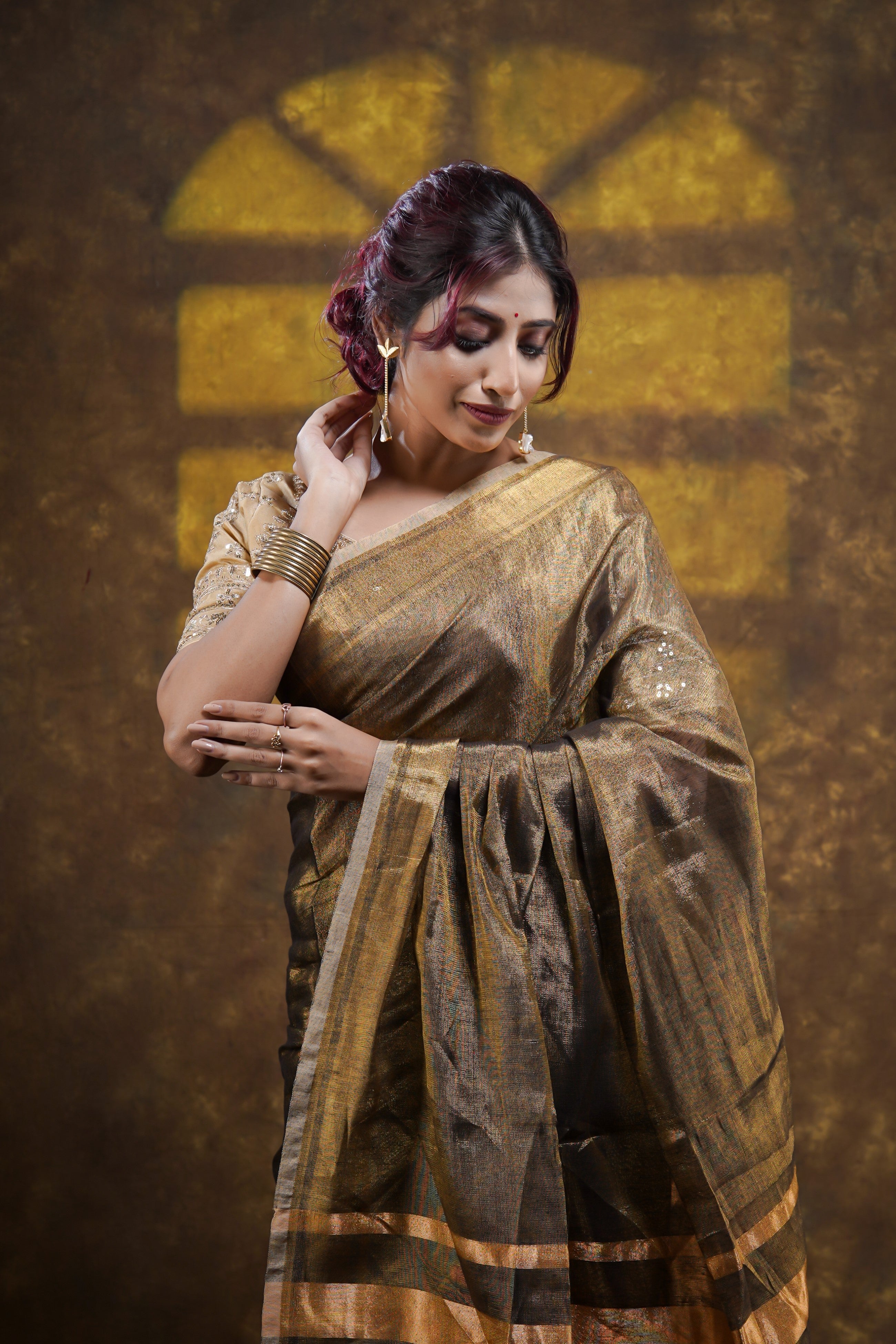 Copper Dual Tone Pure Tissue Linen Saree