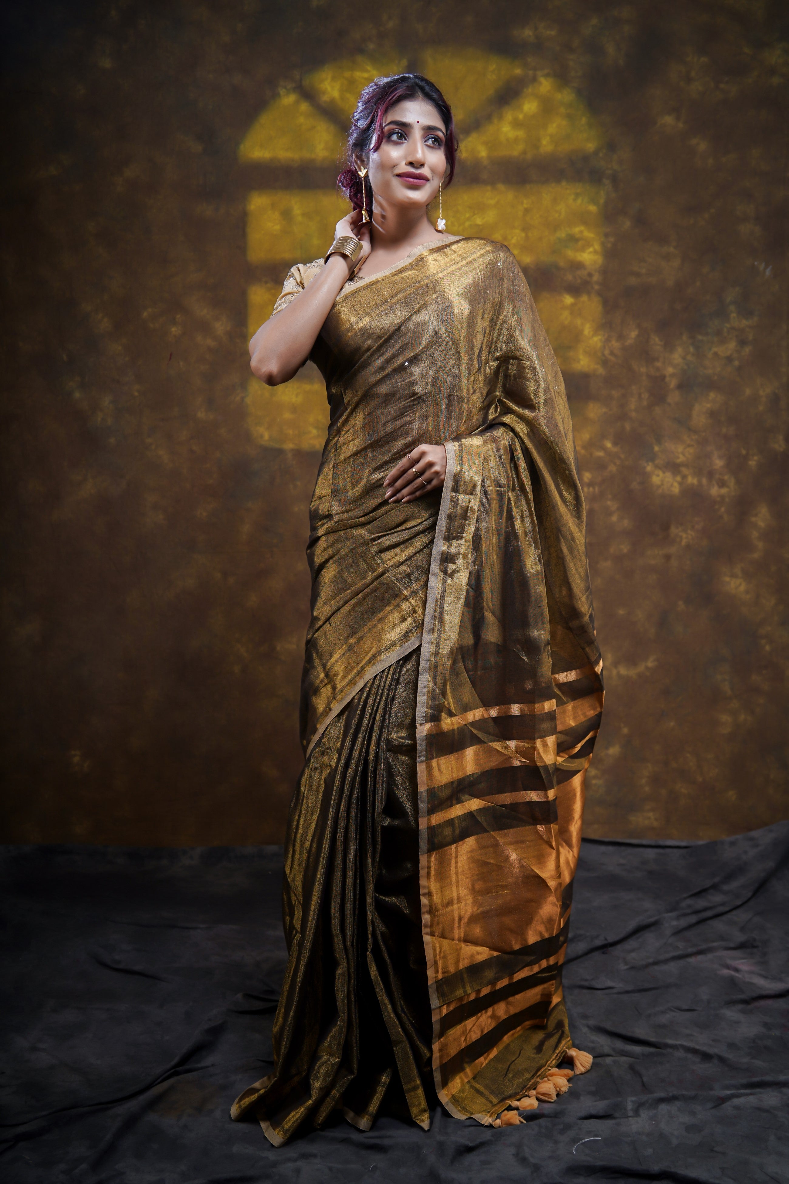 Copper Dual Tone Pure Tissue Linen Saree