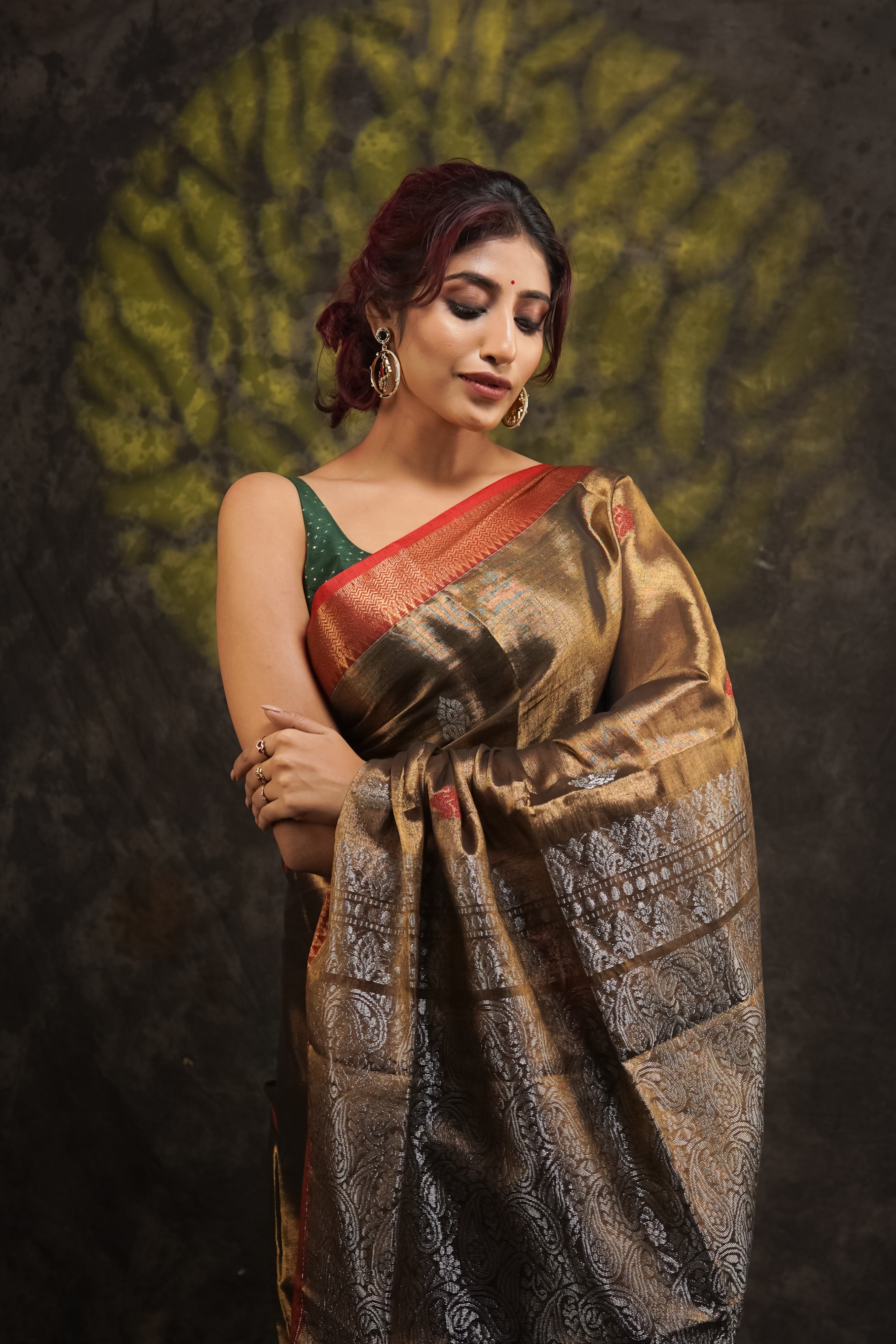 Metallic Copper Tissue Linen Handwoven Saree