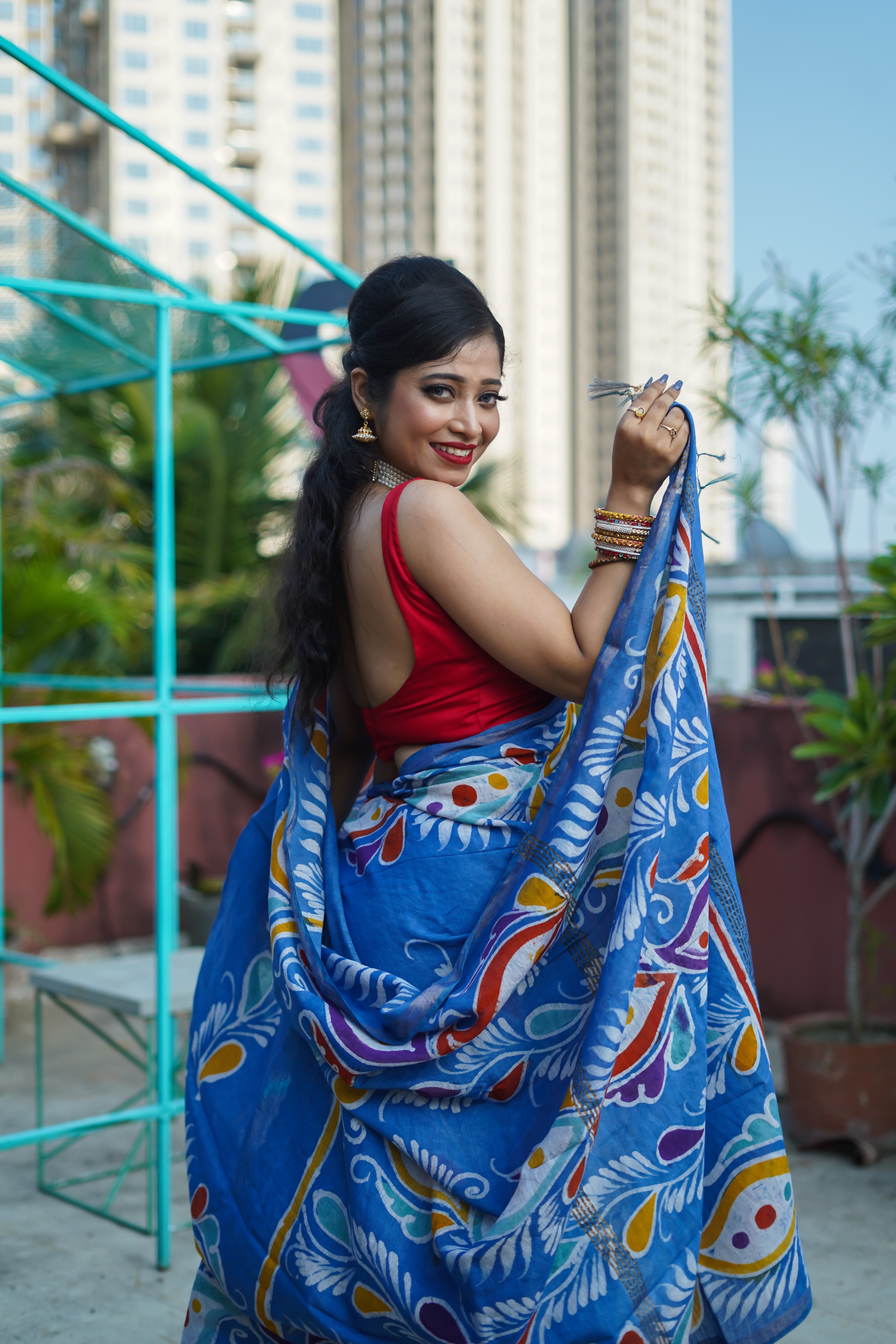 Cornflower Hand Block Pure Chanderi Silk Saree