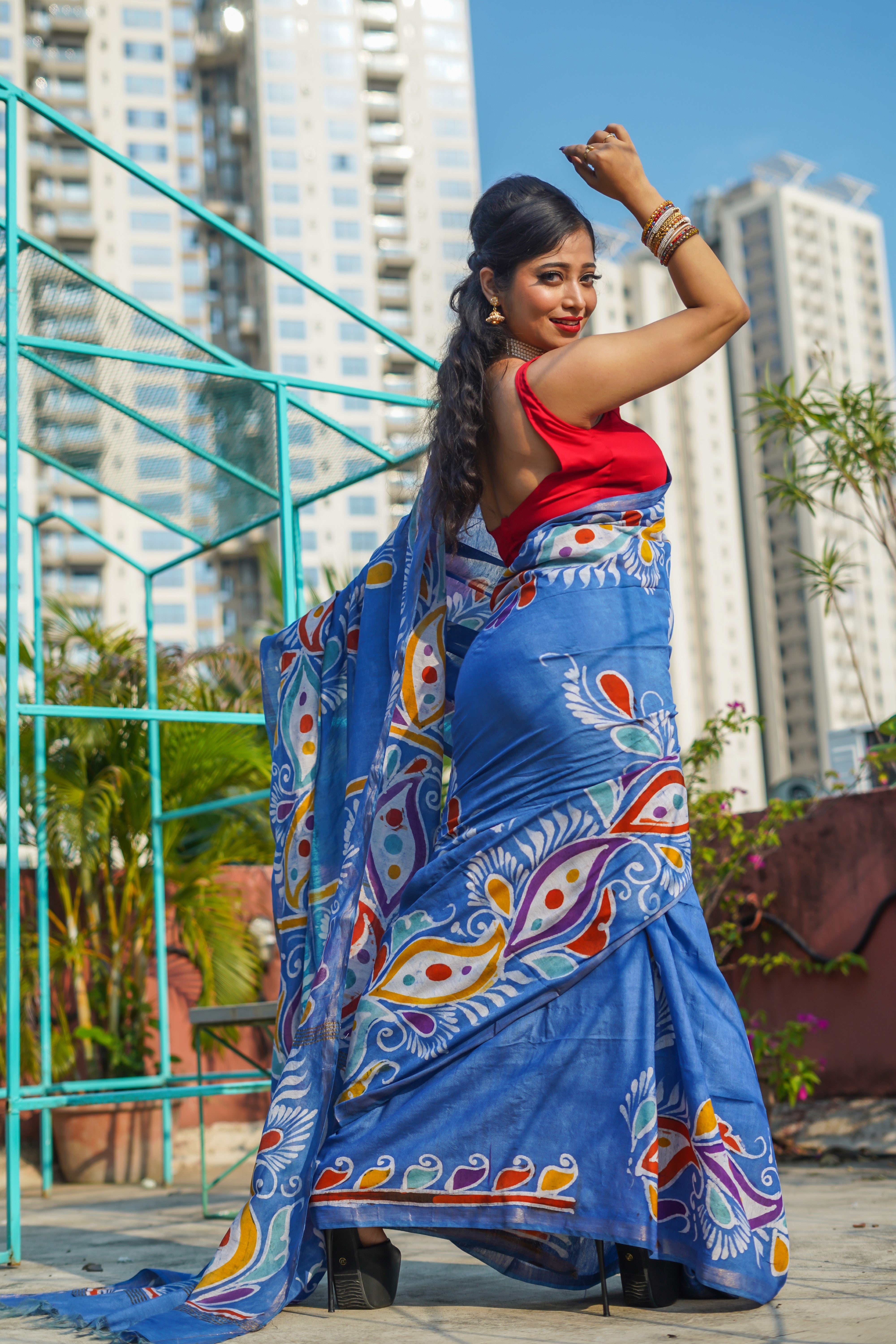 Cornflower Hand Block Pure Chanderi Silk Saree