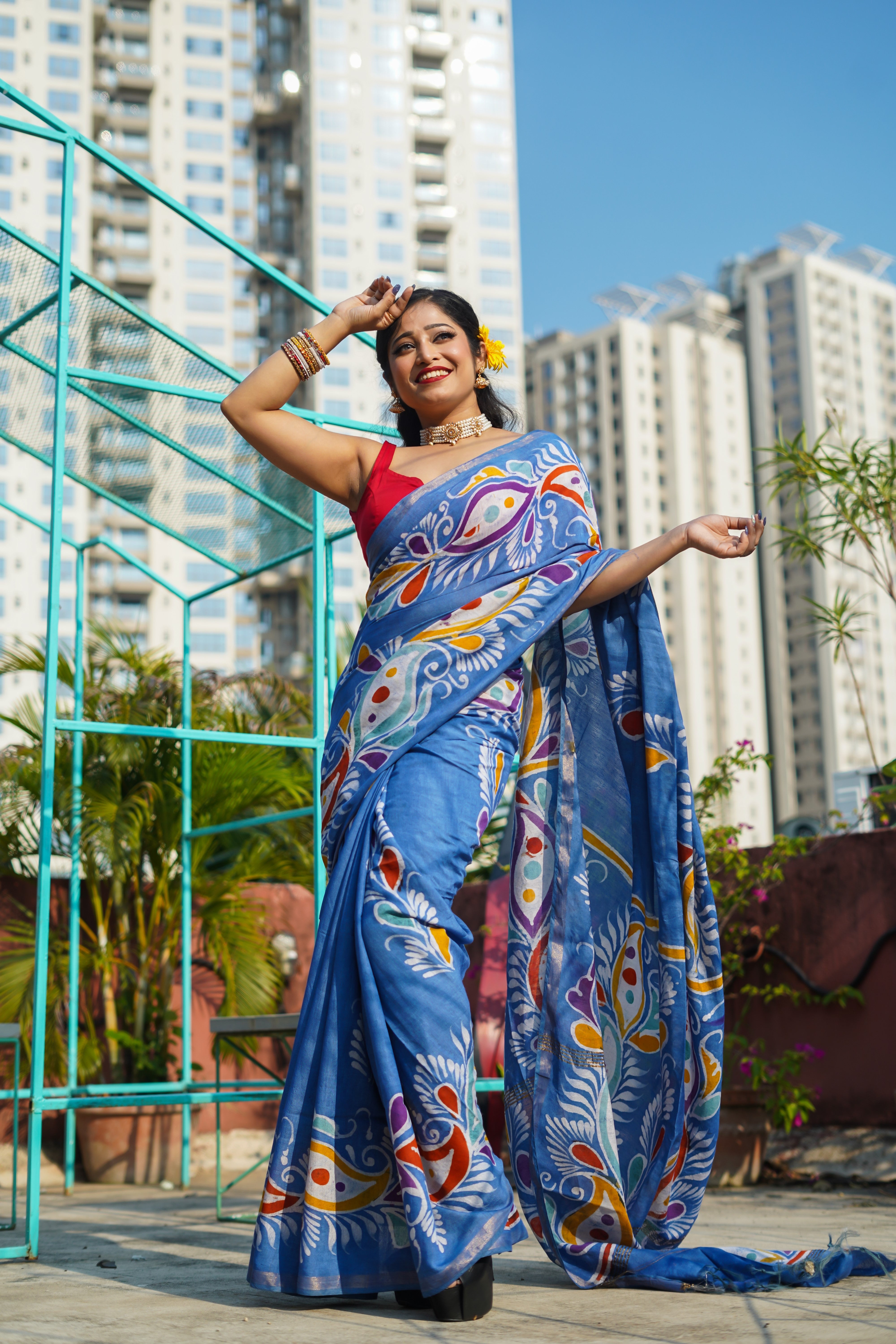 Cornflower Hand Block Pure Chanderi Silk Saree