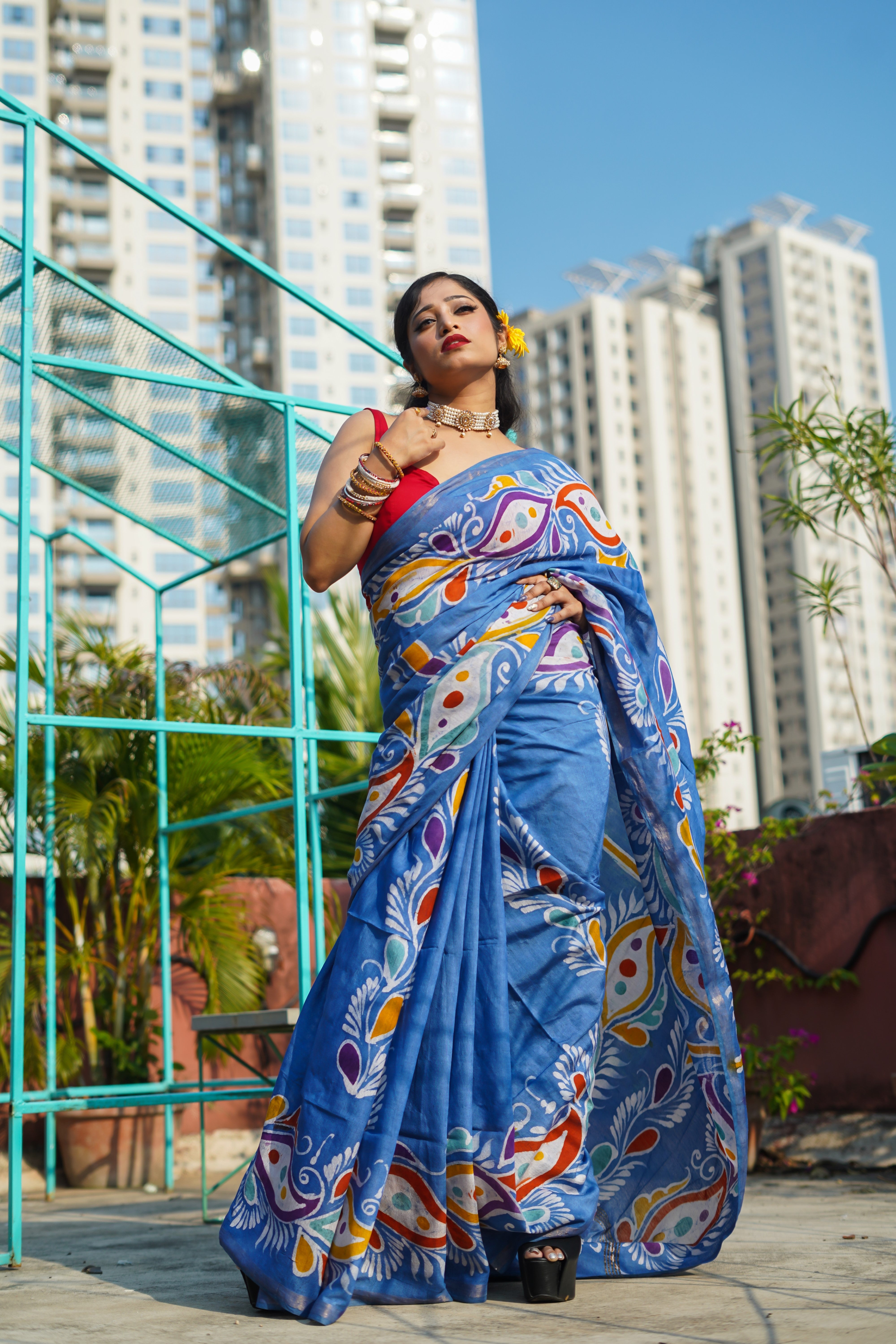 Cornflower Hand Block Pure Chanderi Silk Saree