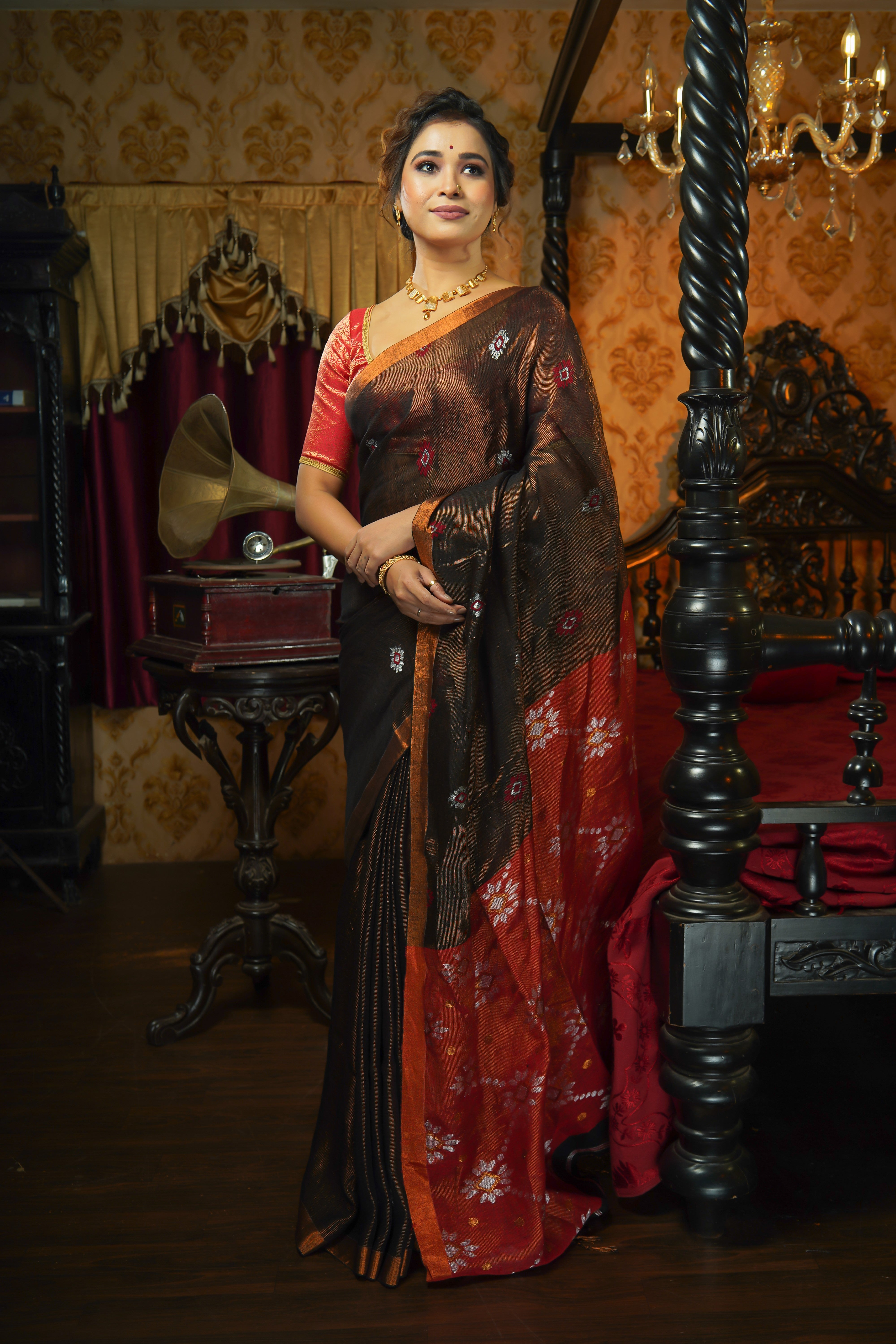 Dark Copper Pure Tissue Mina Linen Handwoven Jamdani Saree