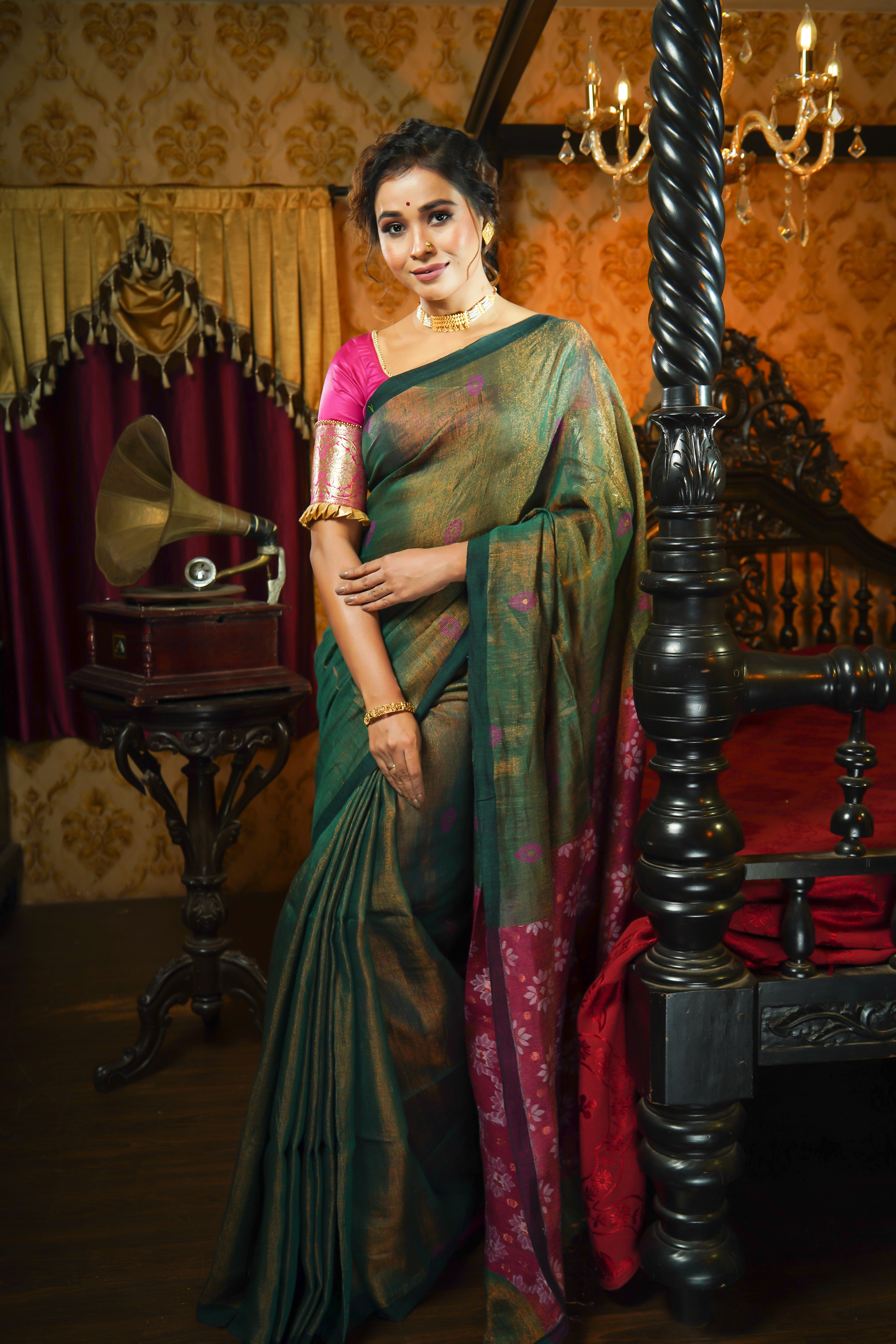 Dark Green Pure Tissue Mina Linen Handwoven Jamdani Saree