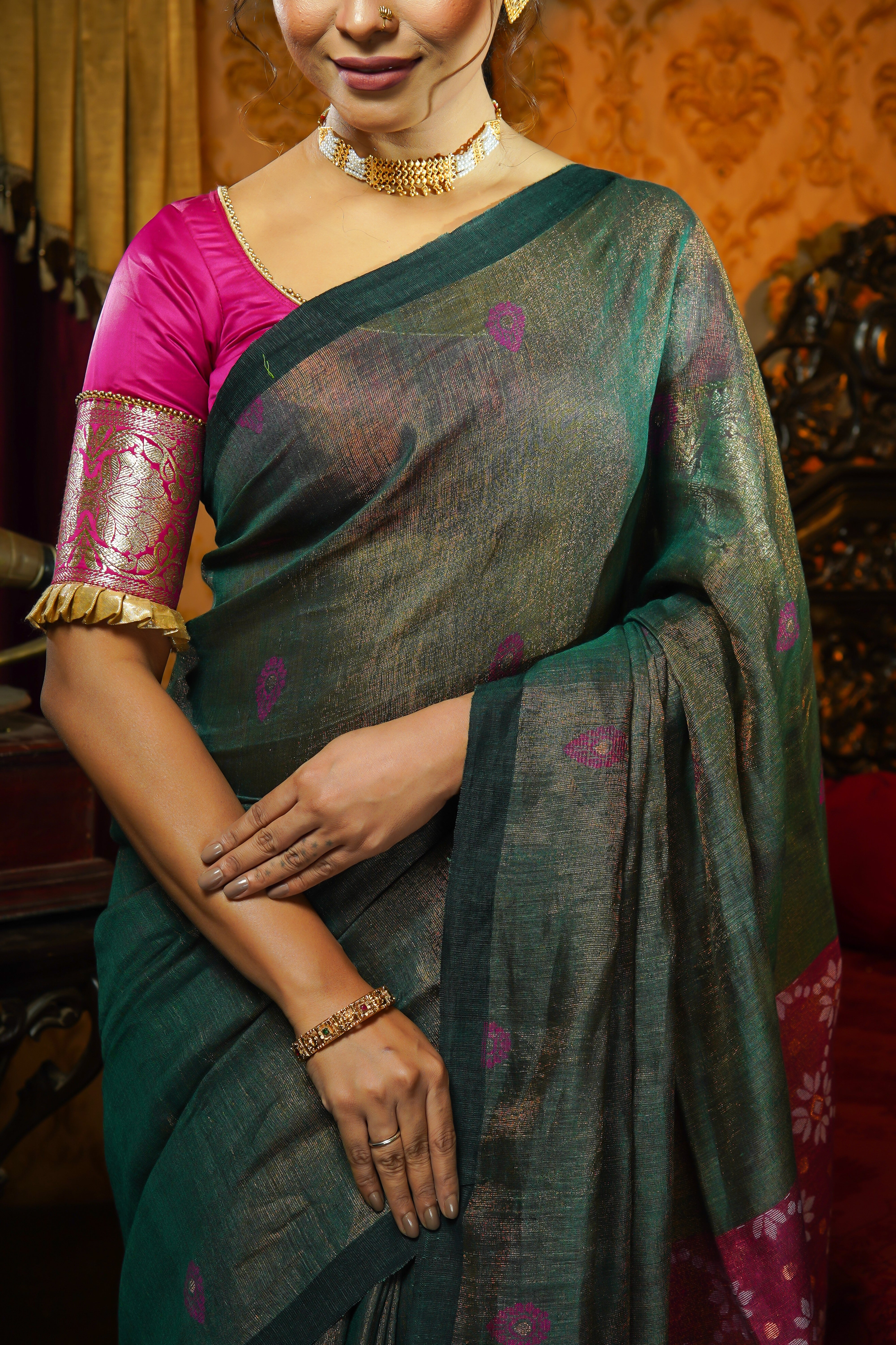 Dark Green Pure Tissue Mina Linen Handwoven Jamdani Saree