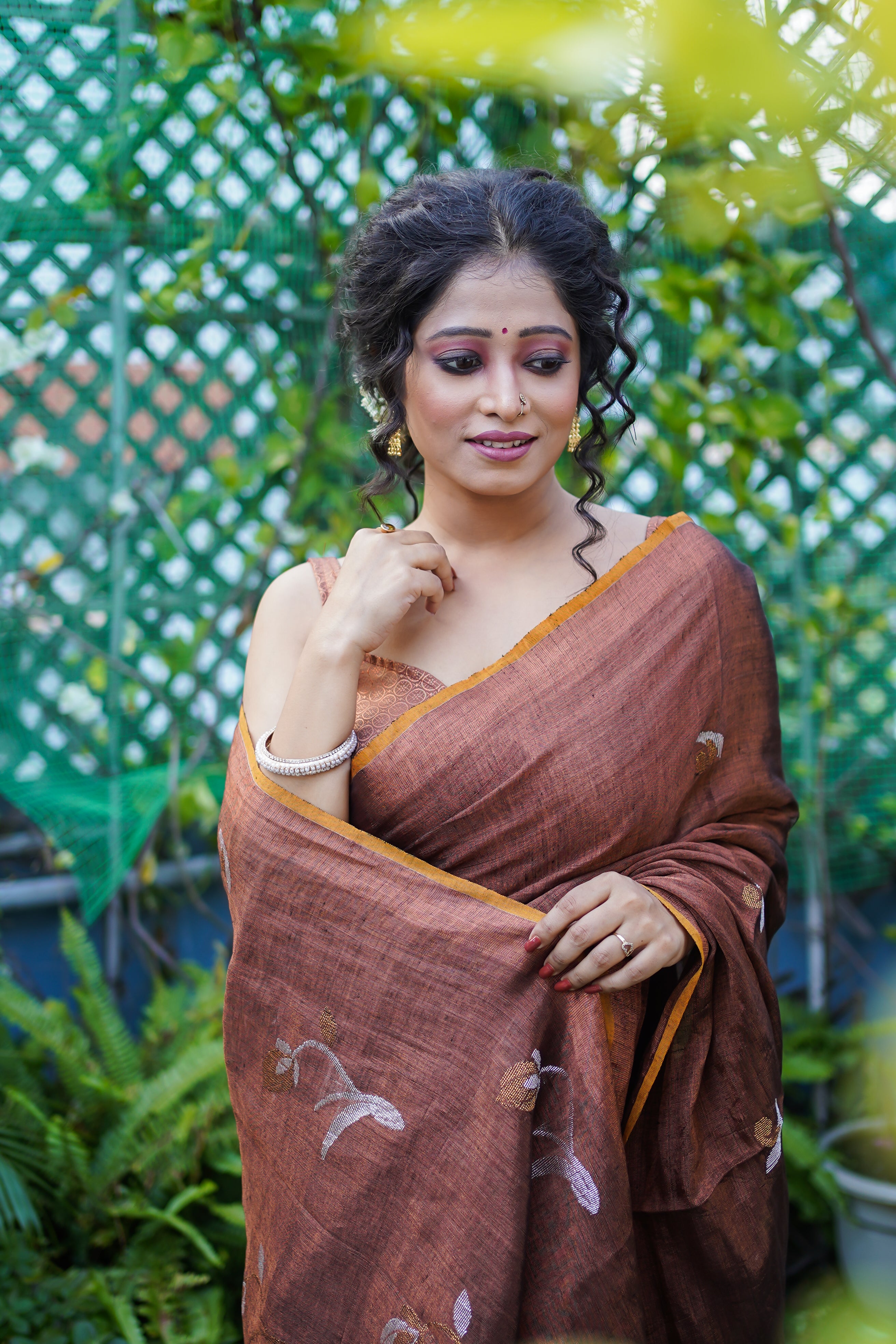 Dark Copper pure tissue linen handwoven tulip saree