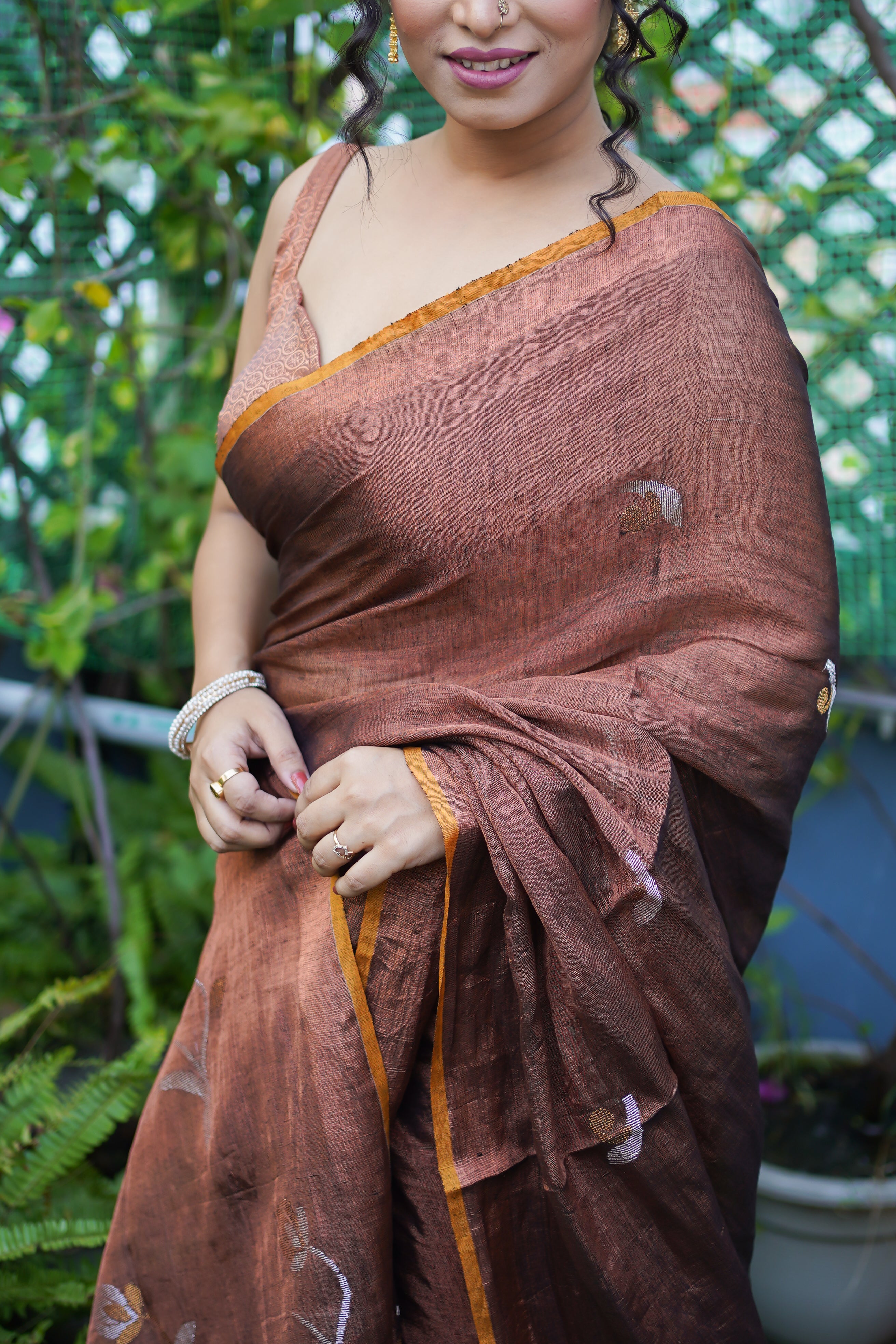 Dark Copper pure tissue linen handwoven tulip saree