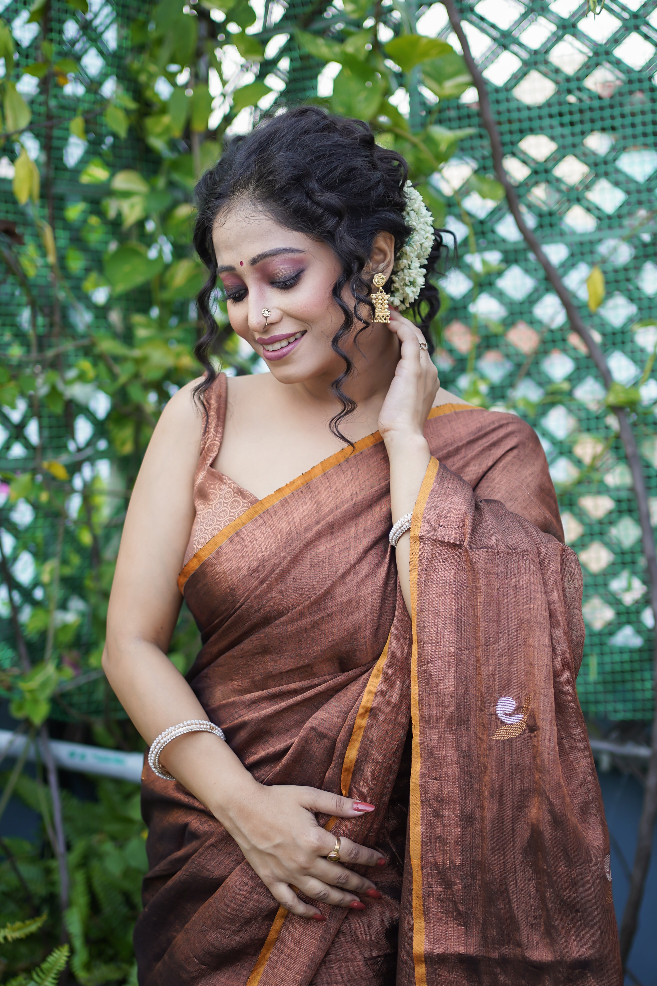 Dark Copper pure tissue linen handwoven tulip saree