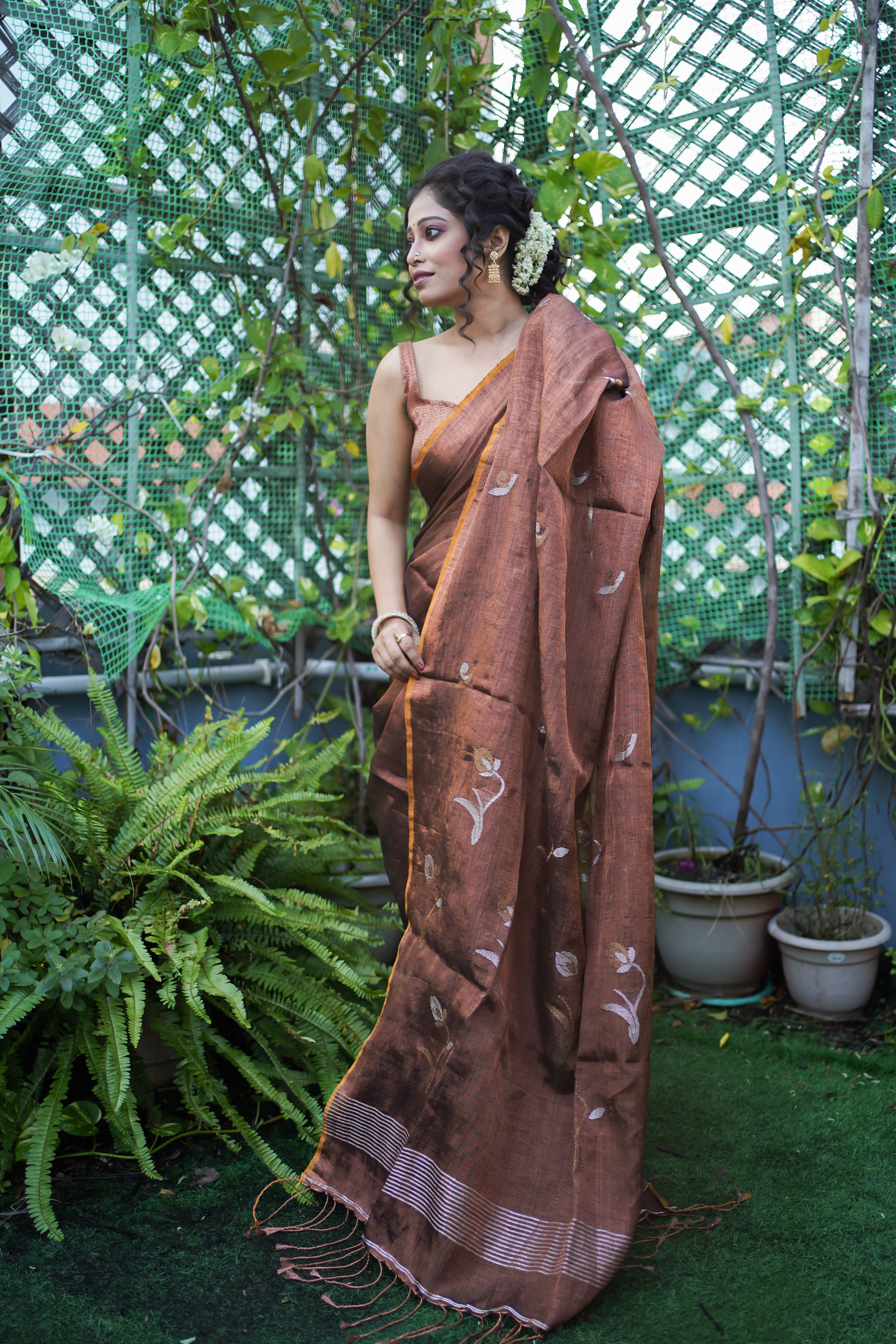 Dark Copper pure tissue linen handwoven tulip saree