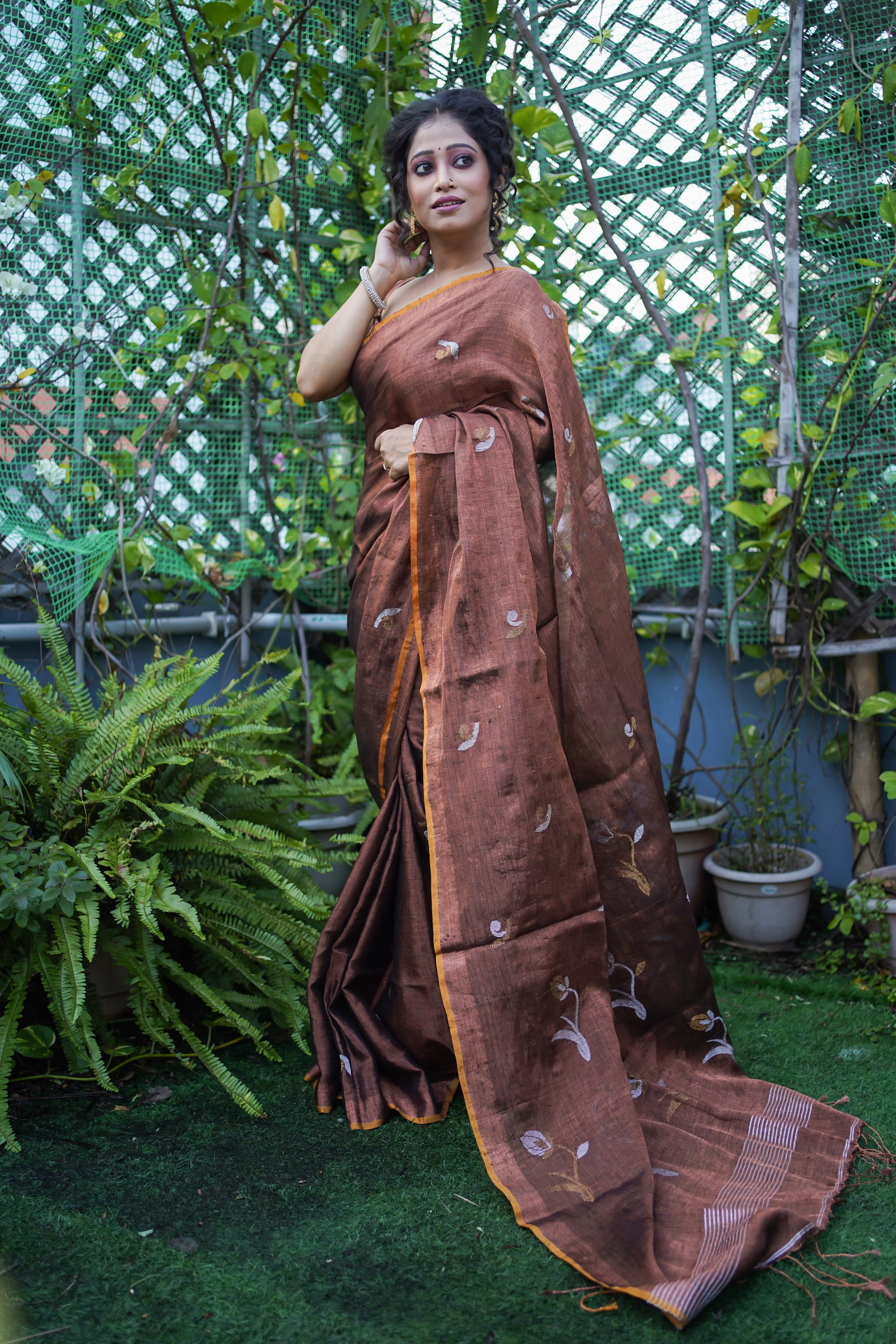 Dark Copper pure tissue linen handwoven tulip saree