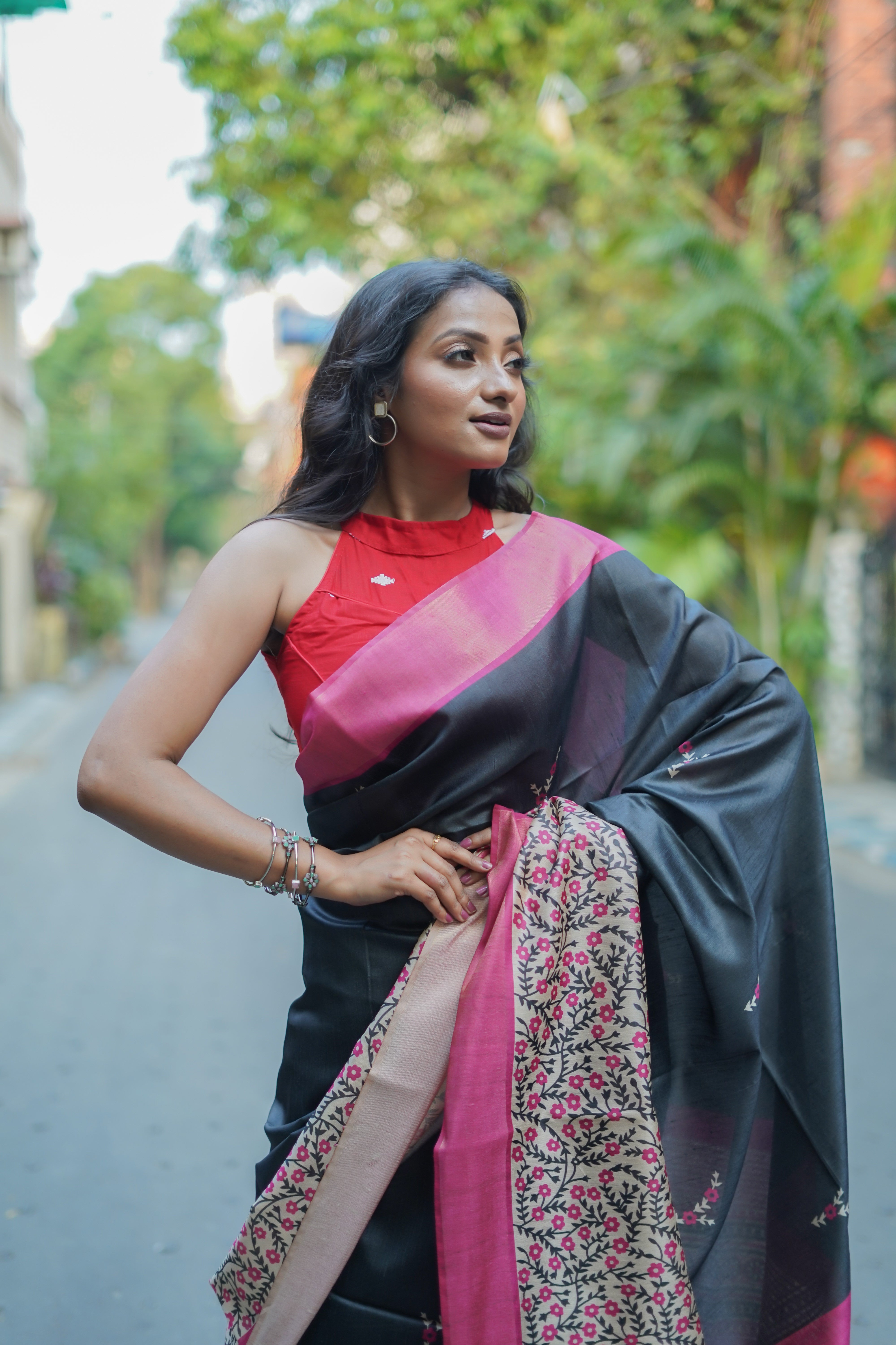 Dark Grey floral printed Semi Tussar silk saree