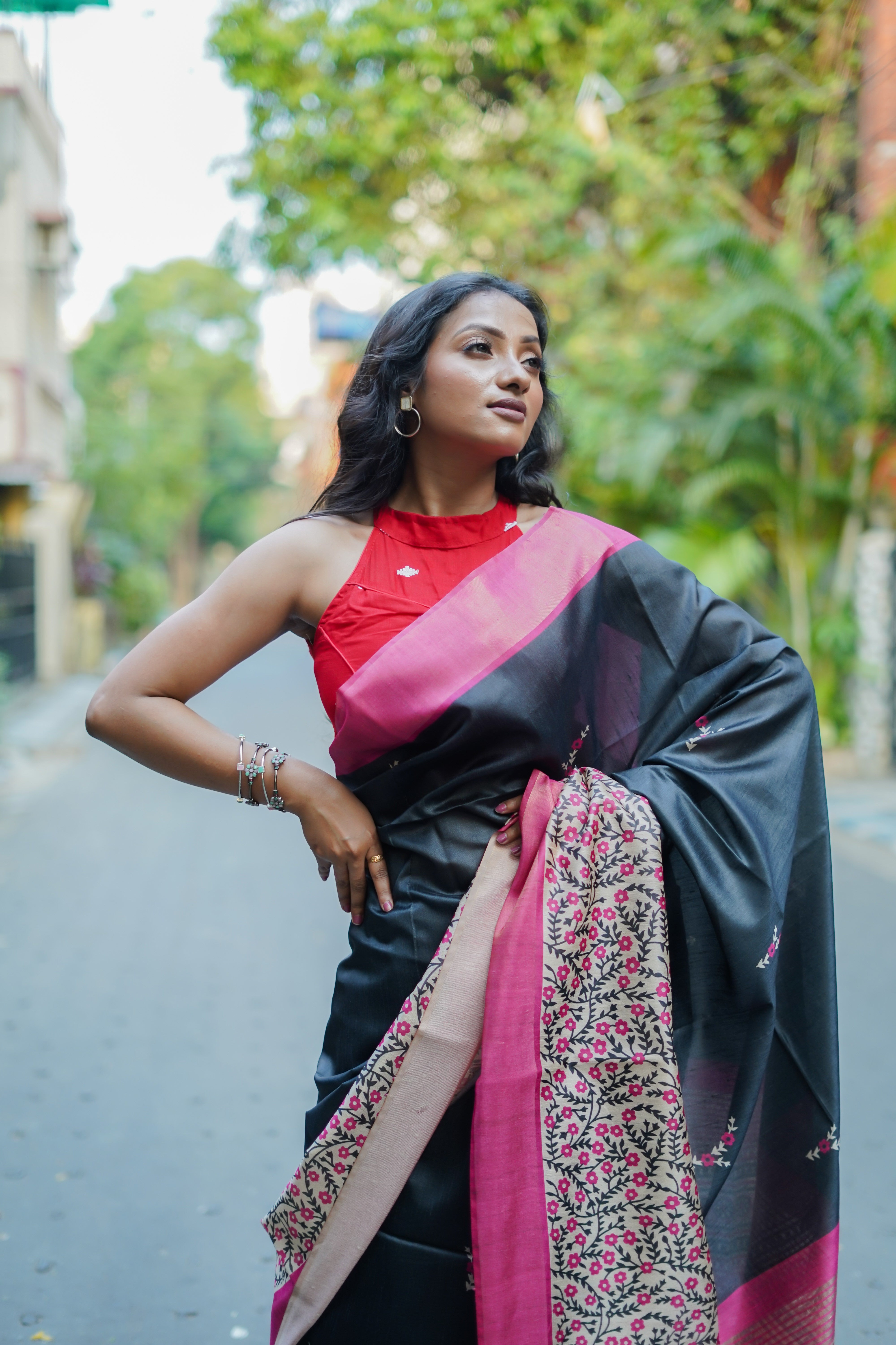 Dark Grey floral printed Semi Tussar silk saree