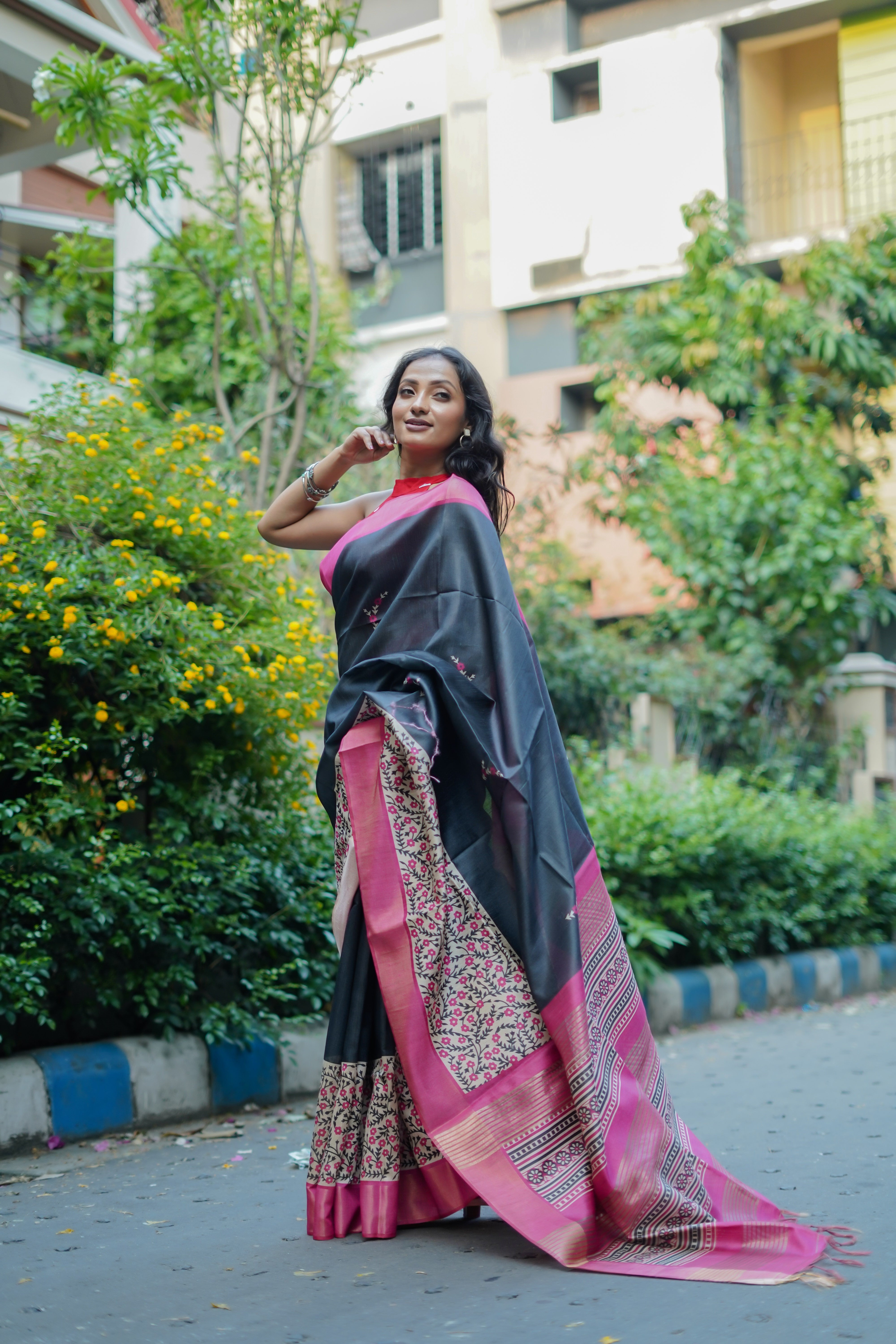 Dark Grey floral printed Semi Tussar silk saree