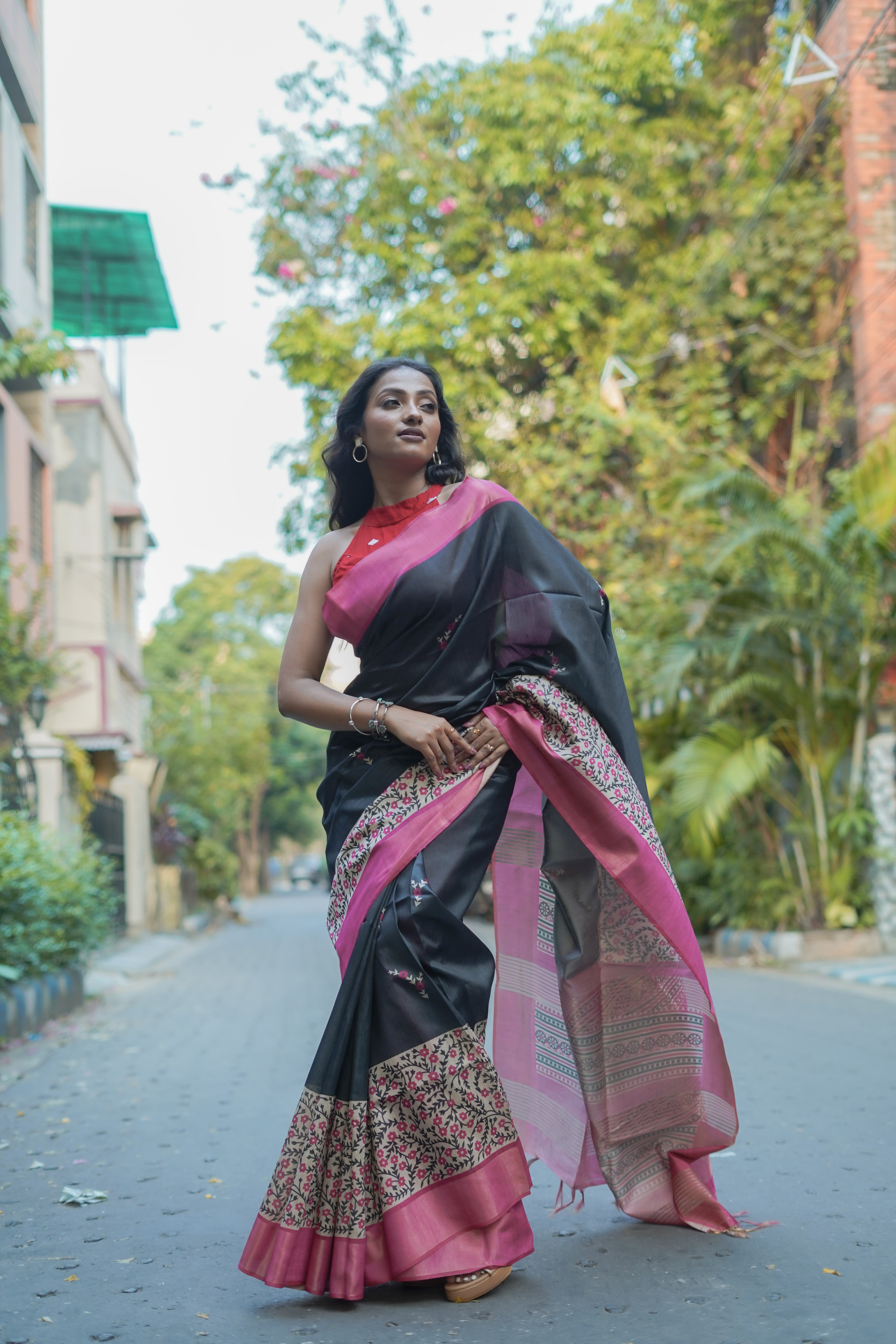 Dark Grey floral printed Semi Tussar silk saree