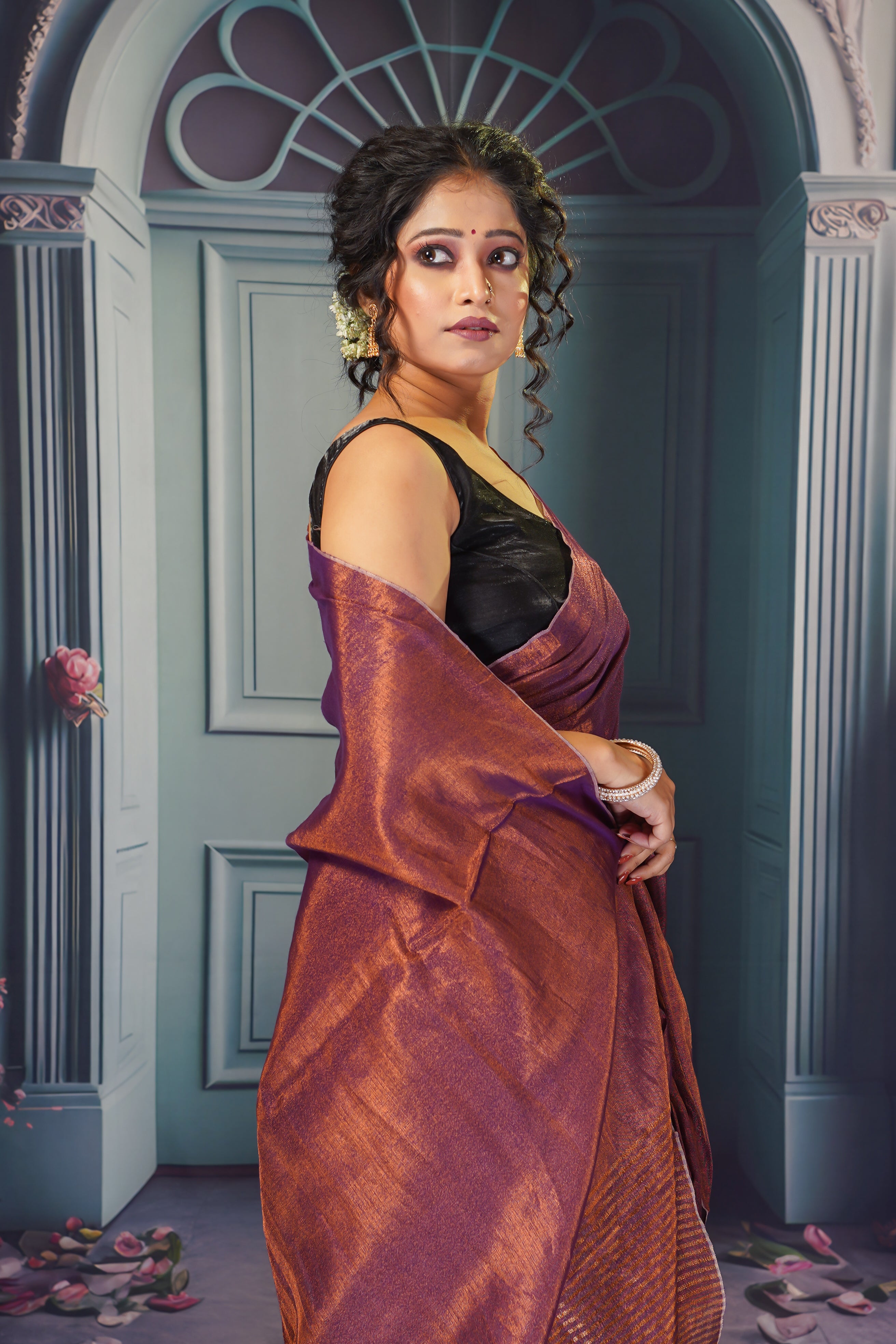 Dark copper Dual tone tissue saree