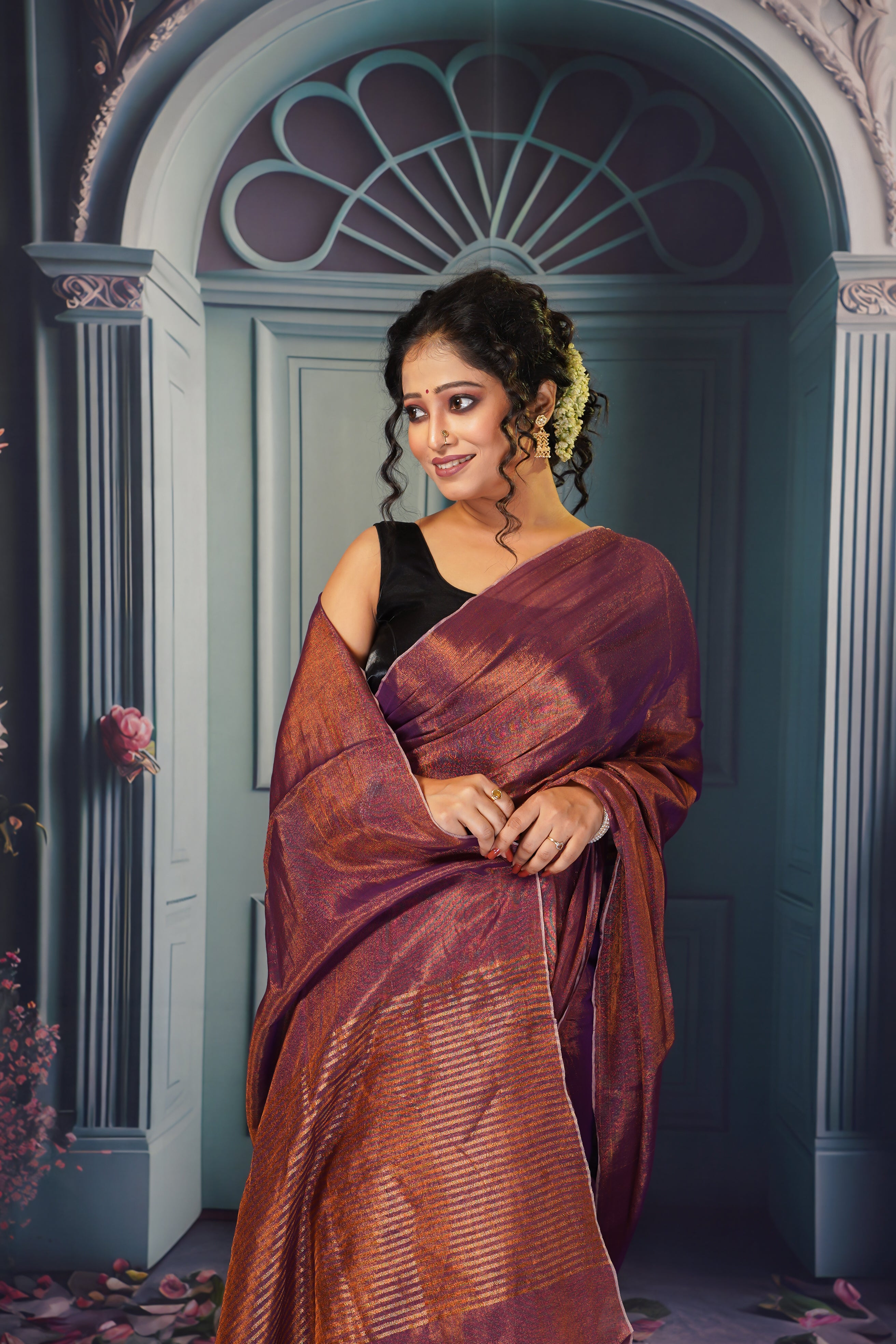 Dark copper Dual tone tissue saree