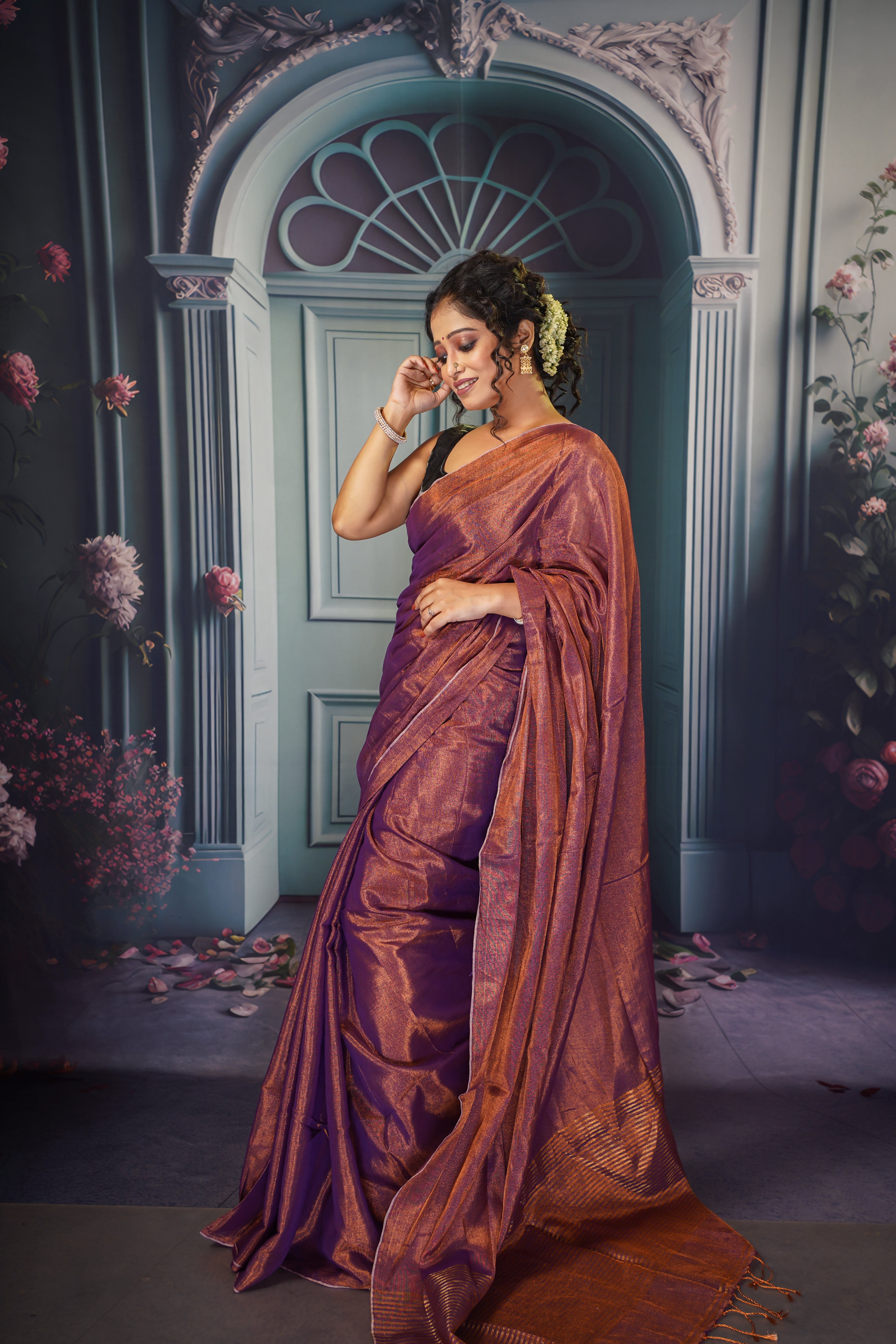 Dark copper Dual tone tissue saree