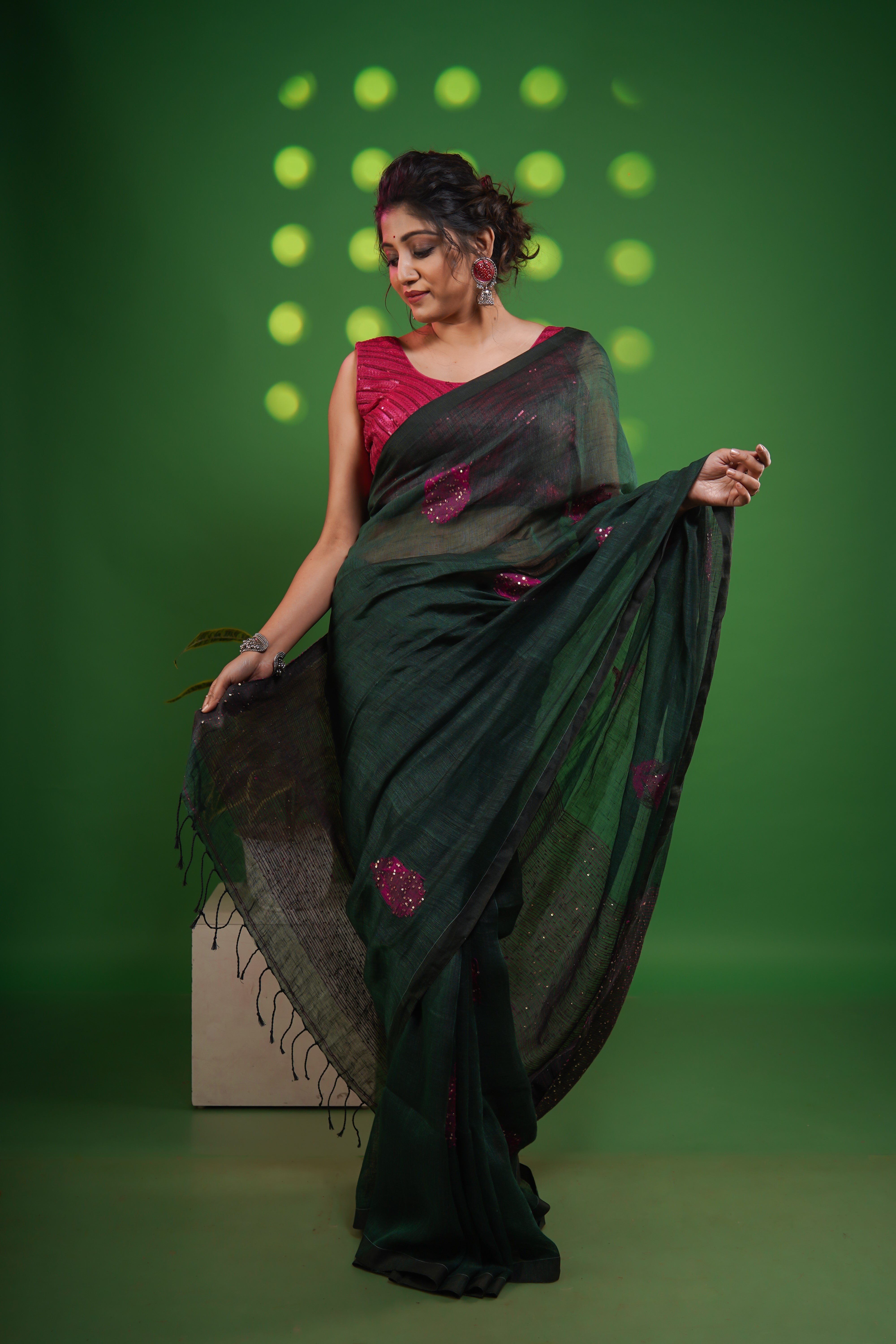 Dark Green Rose Handwoven Linen Saree with Sequence Work