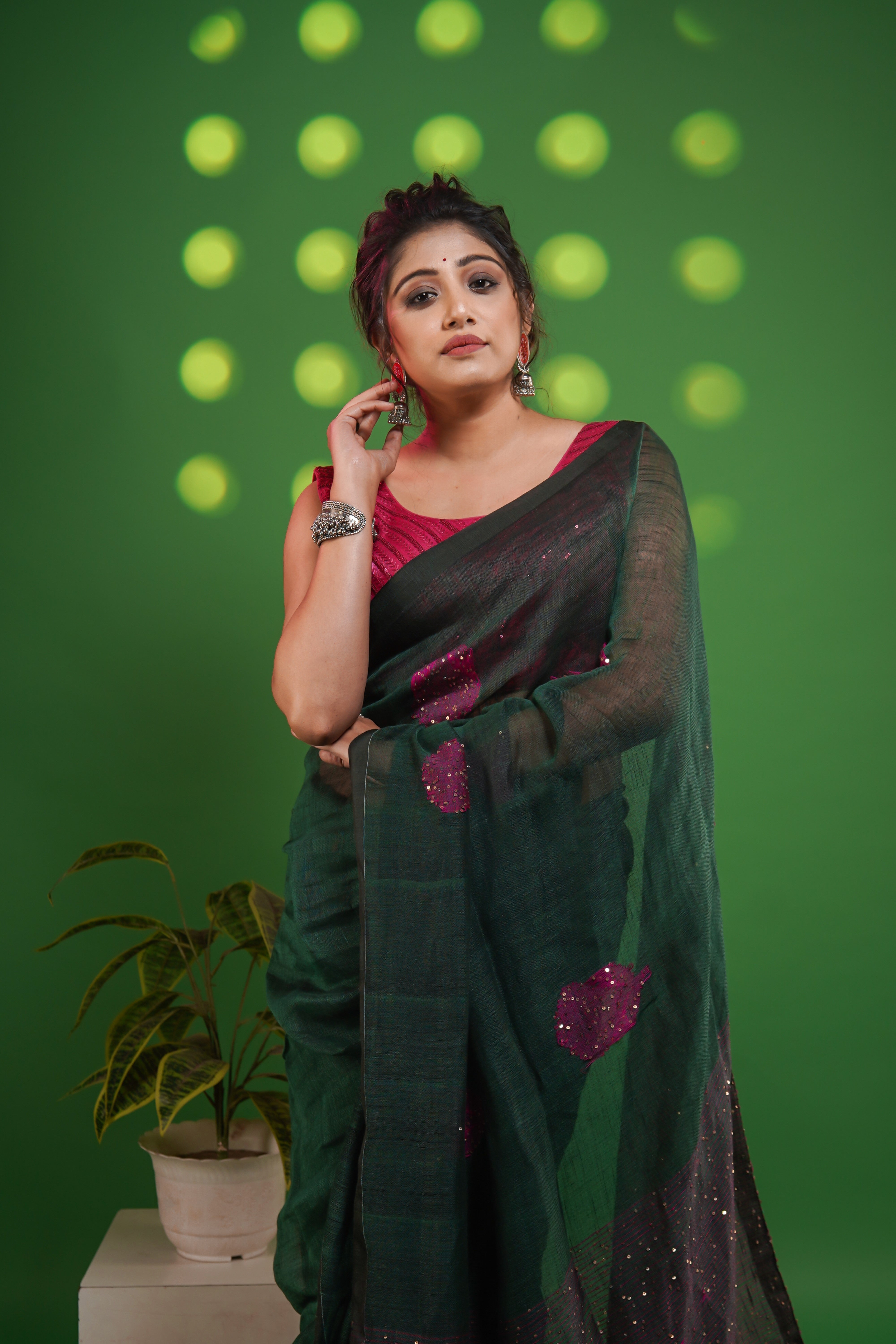 Dark Green Rose Handwoven Linen Saree with Sequence Work