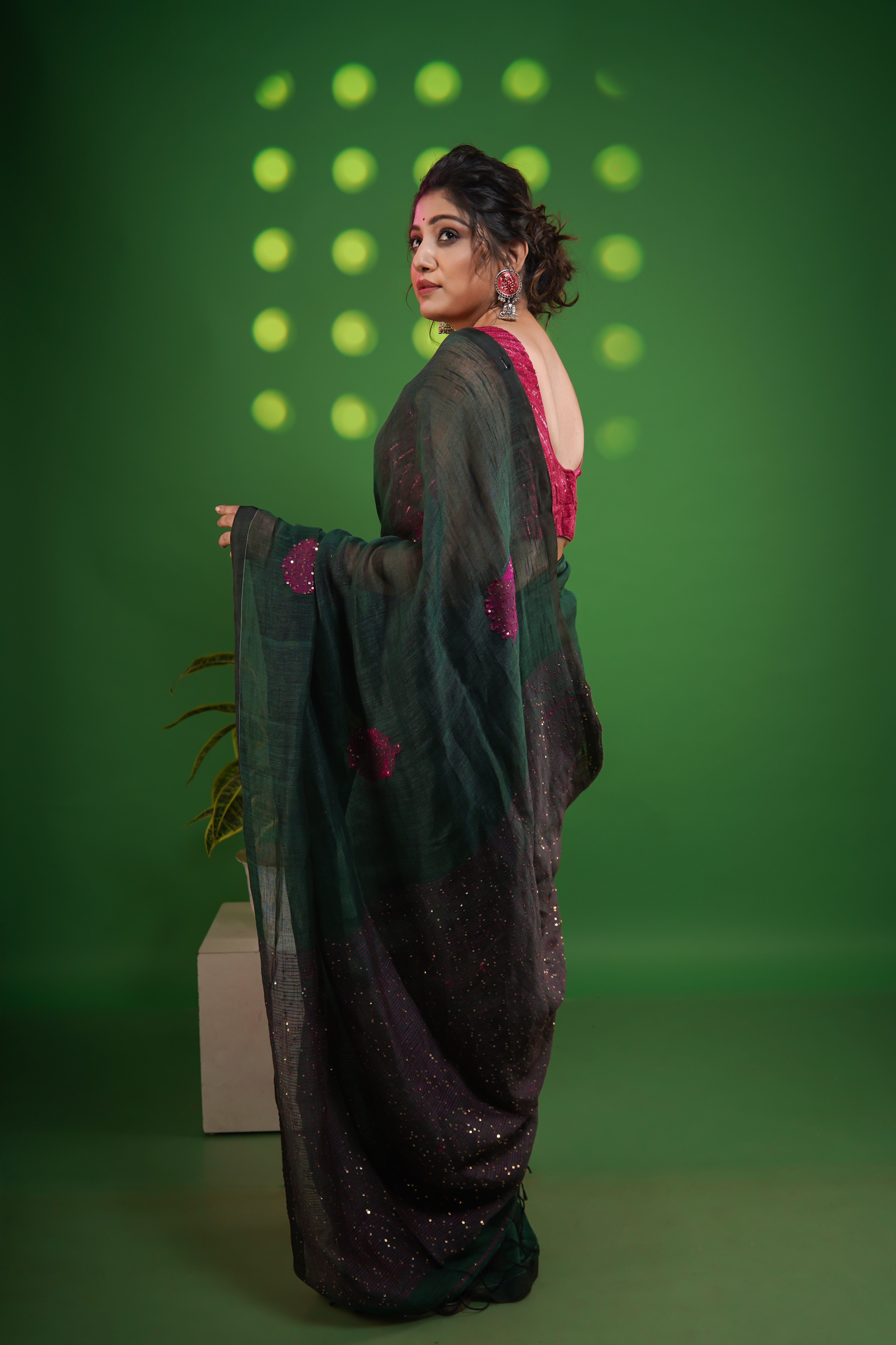 Dark Green Rose Handwoven Linen Saree with Sequence Work