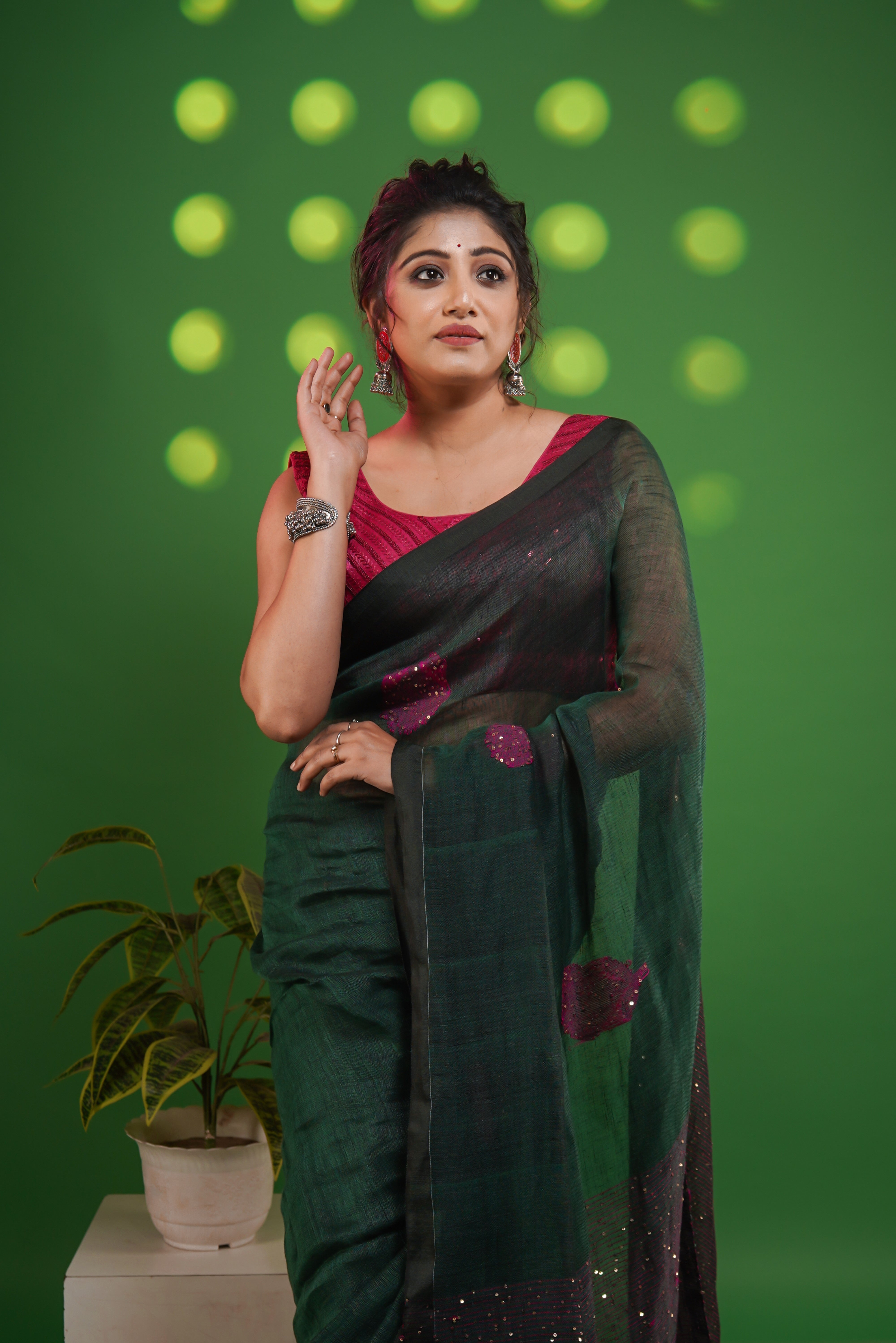 Dark Green Rose Handwoven Linen Saree with Sequence Work