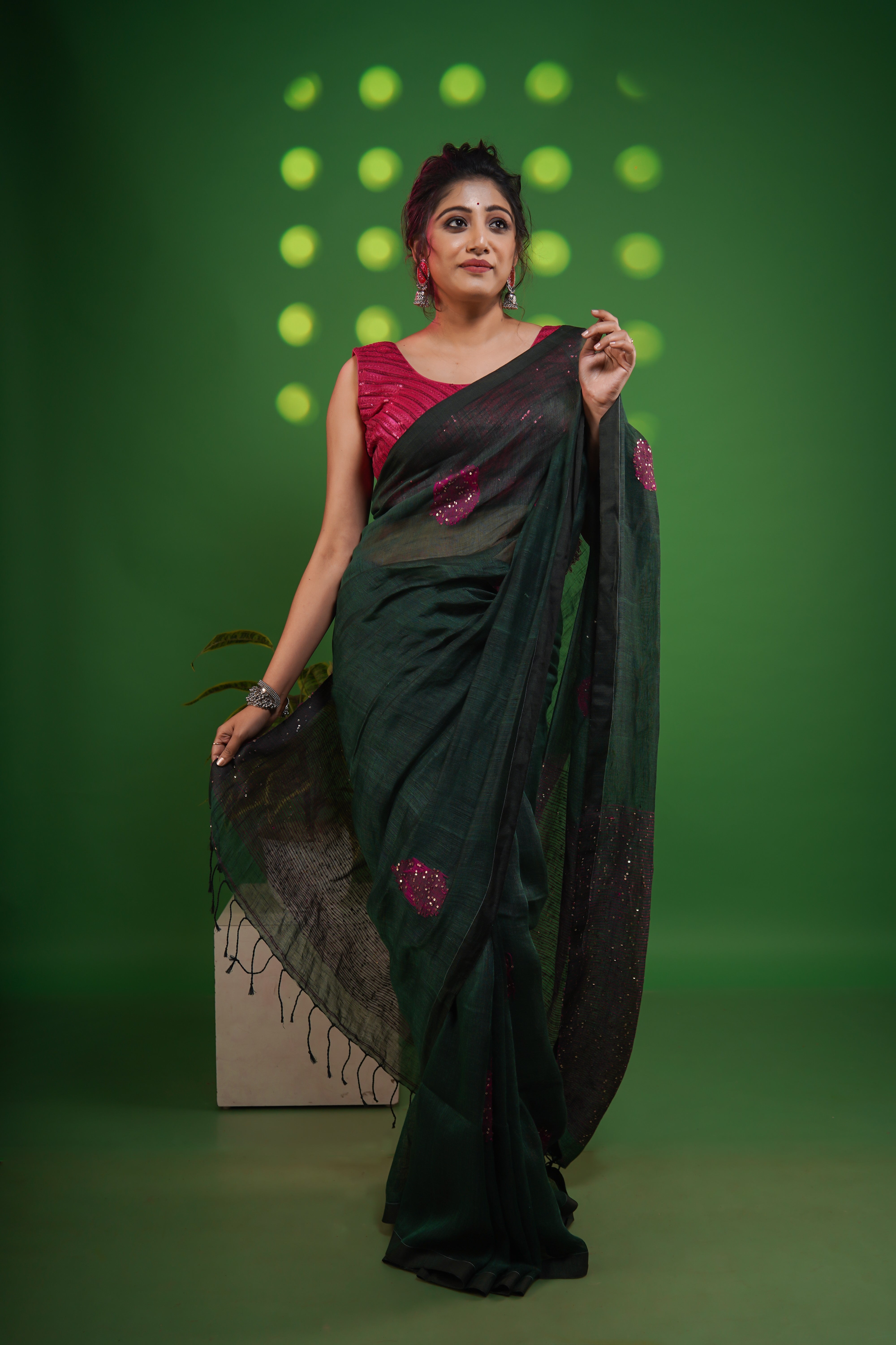 Dark Green Rose Handwoven Linen Saree with Sequence Work